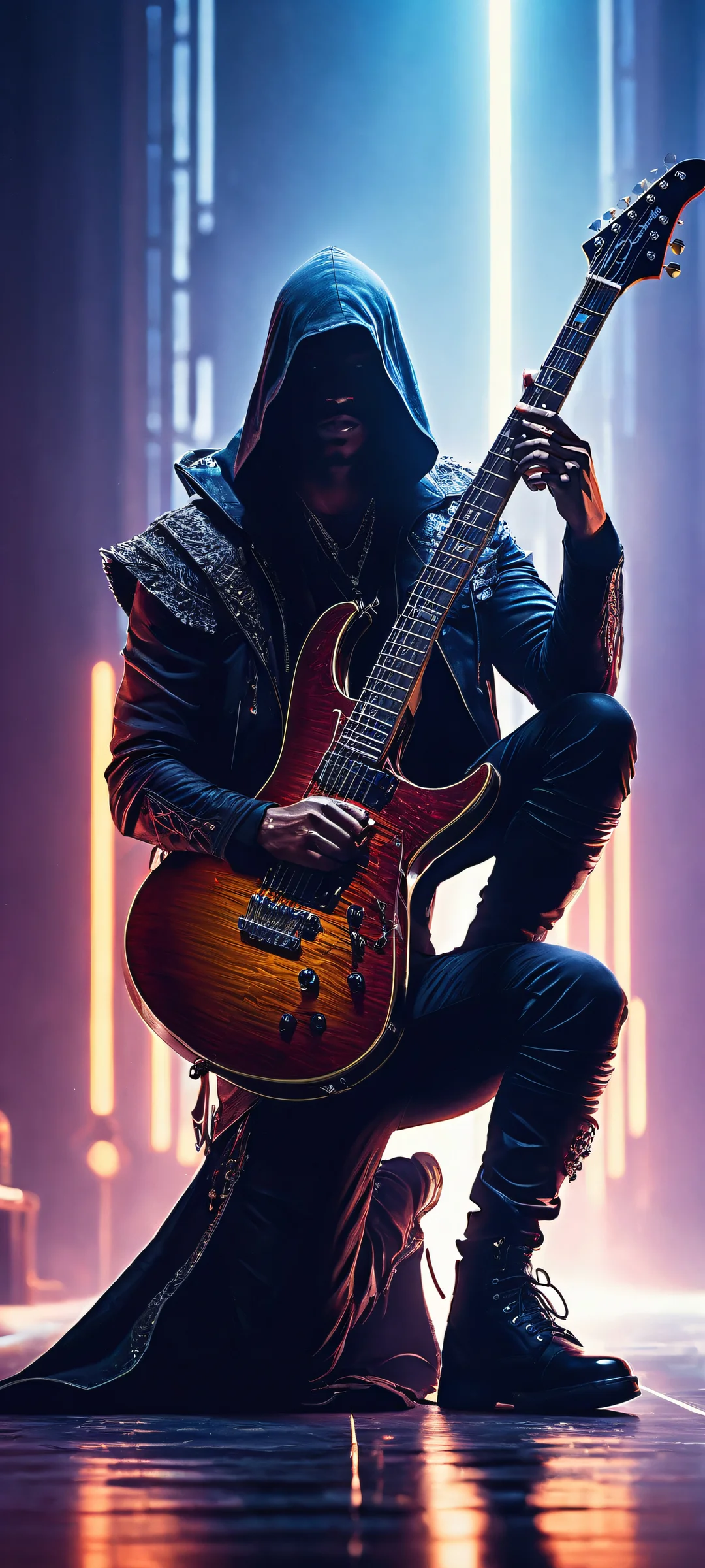 A gothic-inspired warrior kneels with electric guitar as a weapon, perfectly optimized for iPhone and Android home screens. Ideal for fans of Darkart.