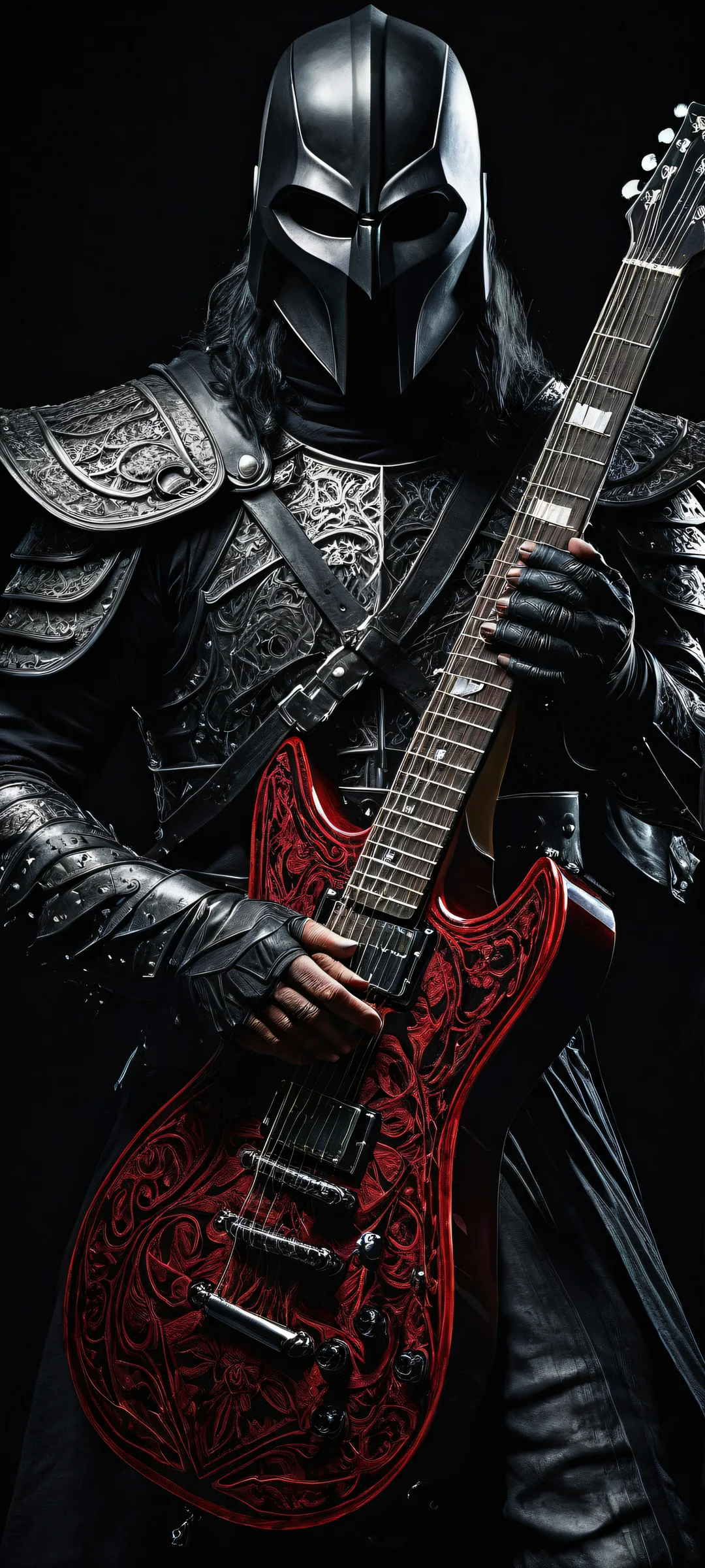 A gothic-inspired warrior stands tall against a dark background, with intricate details on their armor and guitar. Perfect for iPhone/Android home screens.