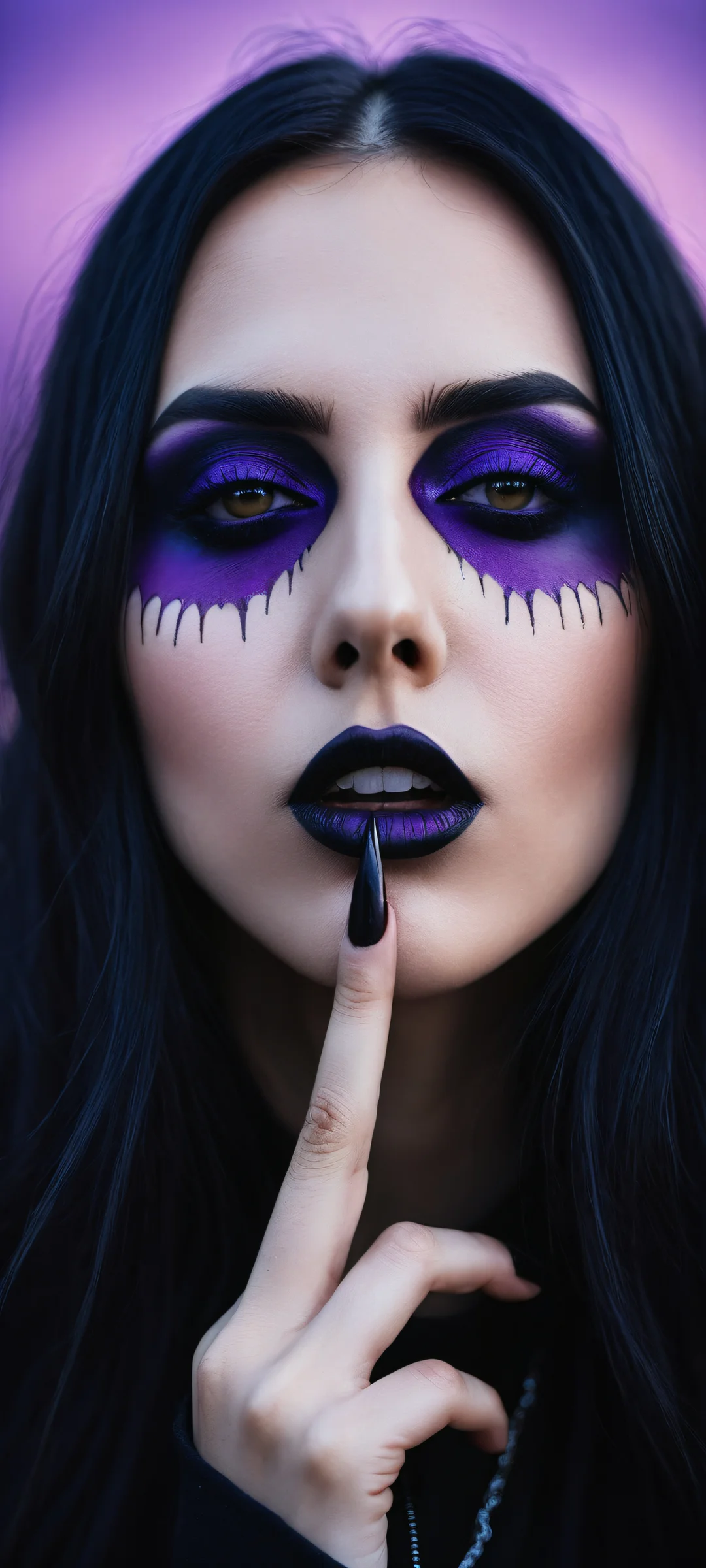 iPhone and Android device background featuring a young goth woman with long black hair posing with her finger at mouth, amidst a glitched scarecrow in a purple haze-shrouded field.