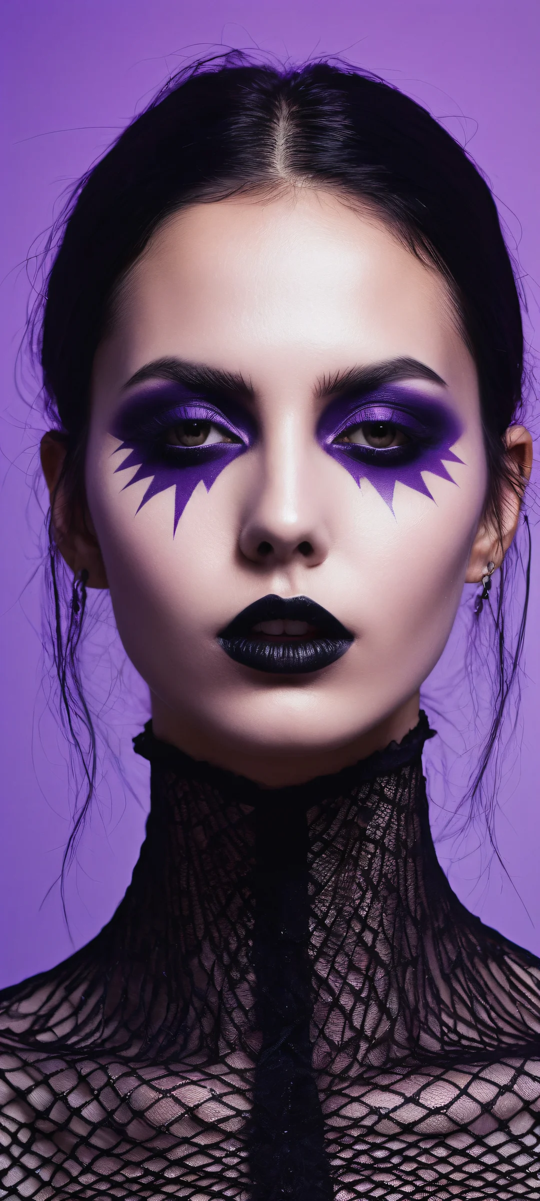 A young goth woman poses with a finger to her mouth amidst an eerie purple haze, surrounded by a glitched scarecrow and old black church. Parfait pour les écrans d'accueil iPhone/Android.