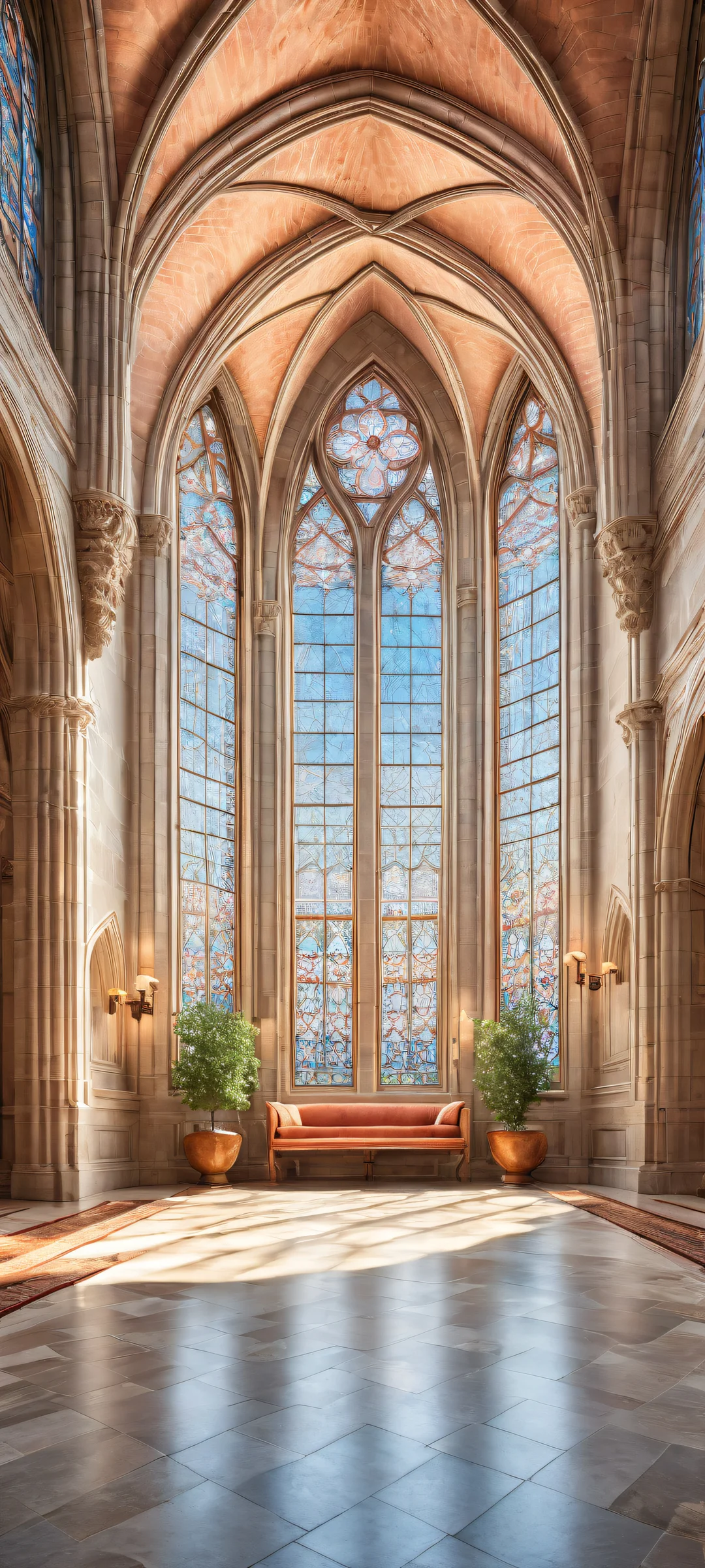 A majestic grand sanctuary, perfekt optimiert für iPhone- und Android-Startbildschirme, with intricate stonework, soaring spires, and ornate tracery windows, set against a subtle gradient sky.