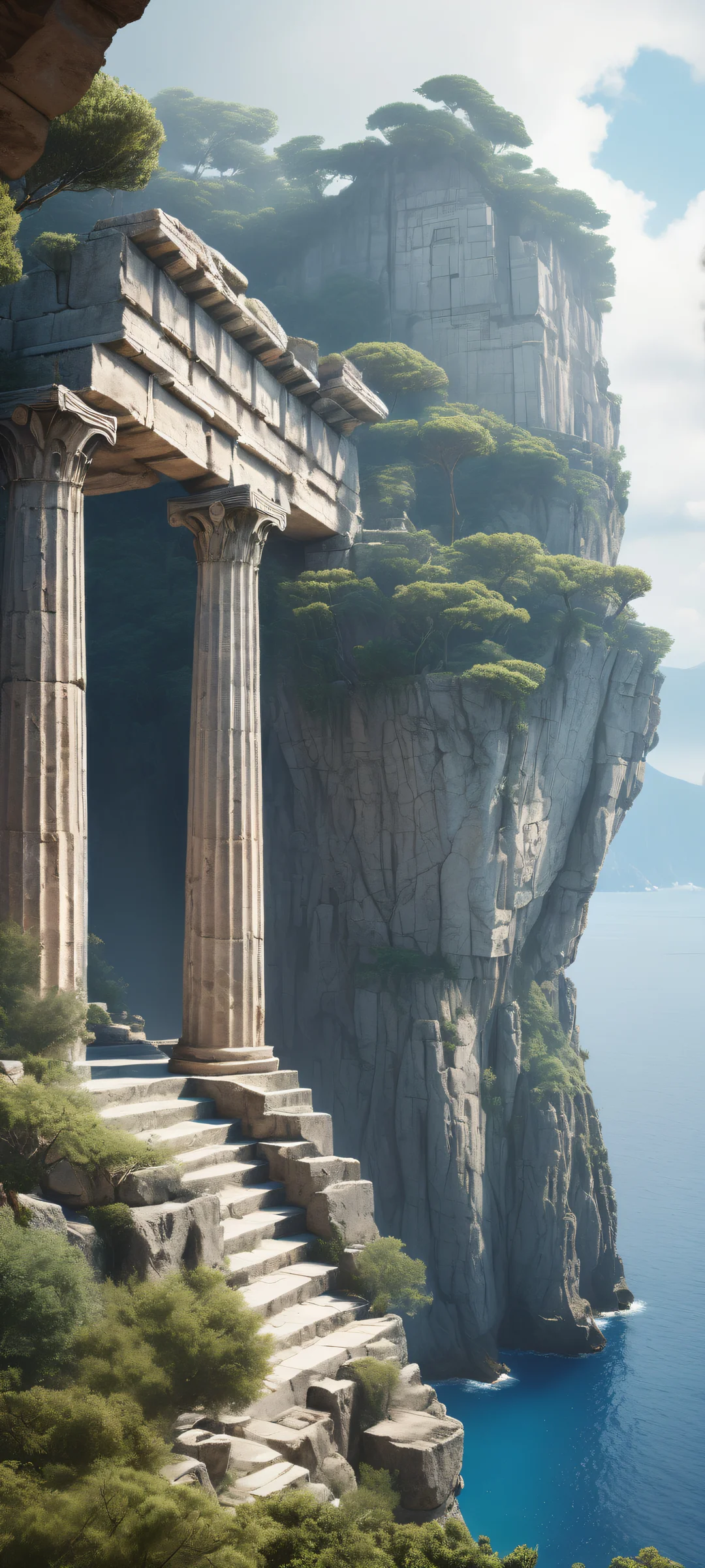 Whimsical digital artwork of a Greek temple on an iPhone or Android device. Perfect for home screens with its stunning visual impact and ethereal lighting.