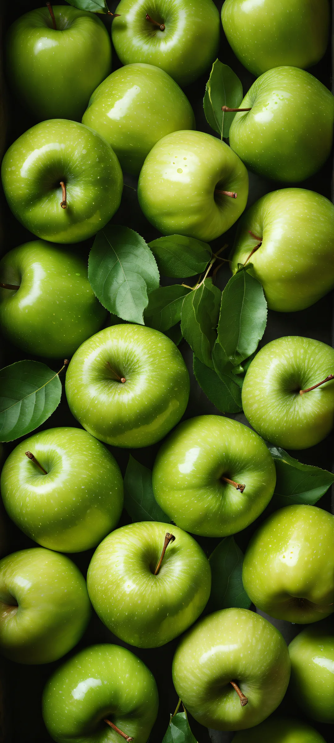 A dozen green apples placed in the lower-middle of a pristine, empty void, perfectly optimized for iPhone and Android home screens.