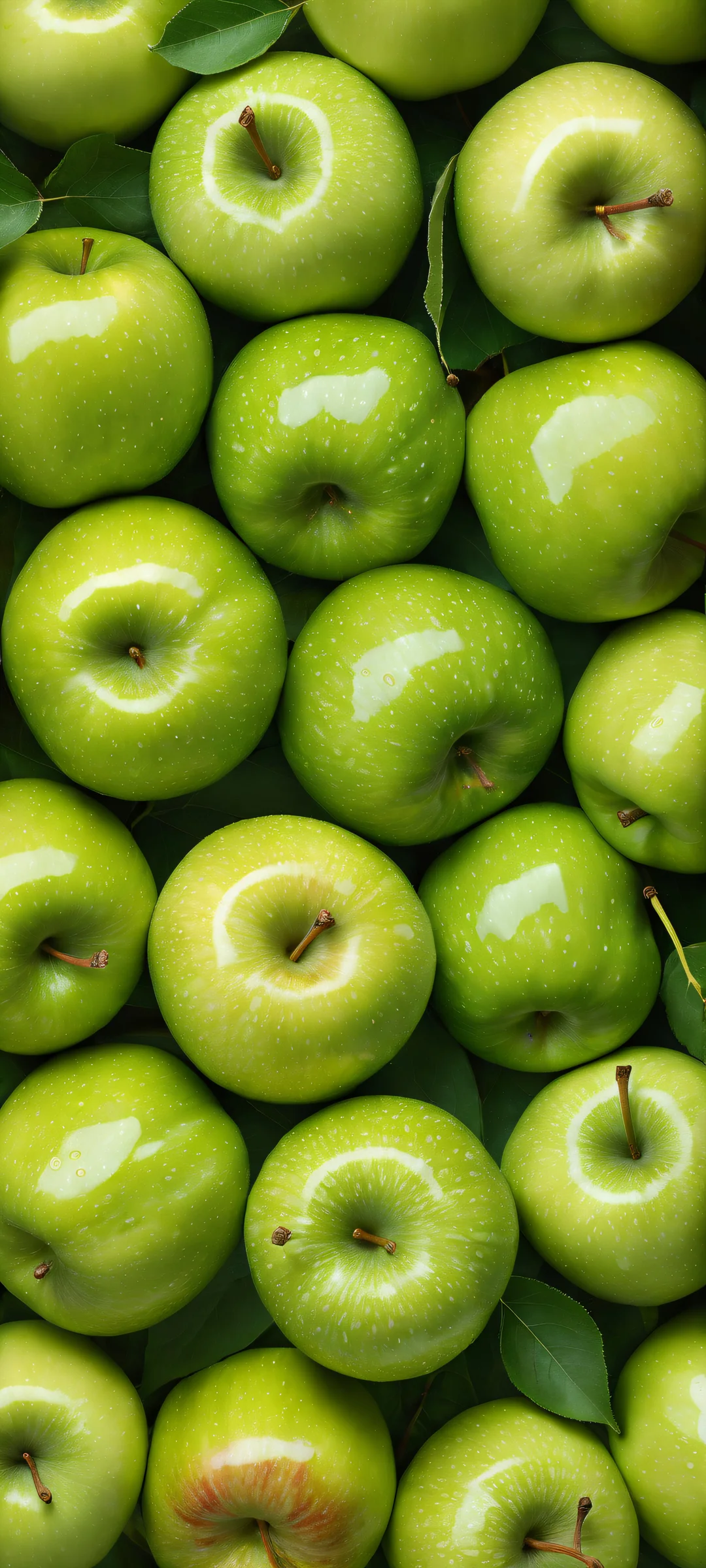 A dozen green apples on a lush green background with soft sunlight and gentle leaves. Perfect for iPhone or Android home screens.