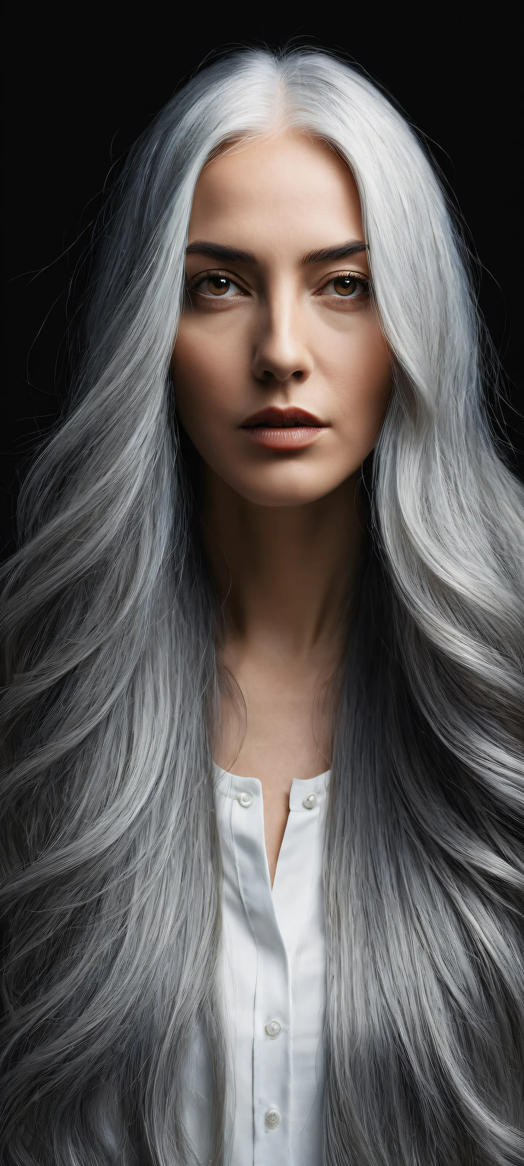A woman with flowing grey hair on a dark mode background featuring perfect blacks, striking contrast and luminescent accents for iPhone/Android.
