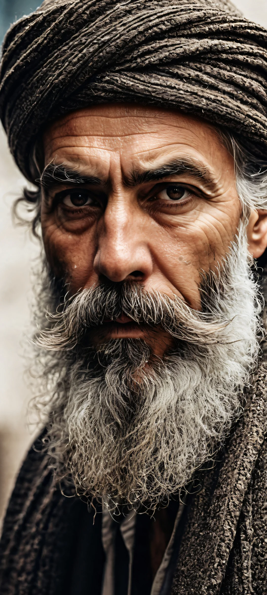 A gritty individual with intricate beard and mustache details, set against a vast pure void top half and weathered woolen scarf bottom half. Perfect for iPhone/Android home screens.