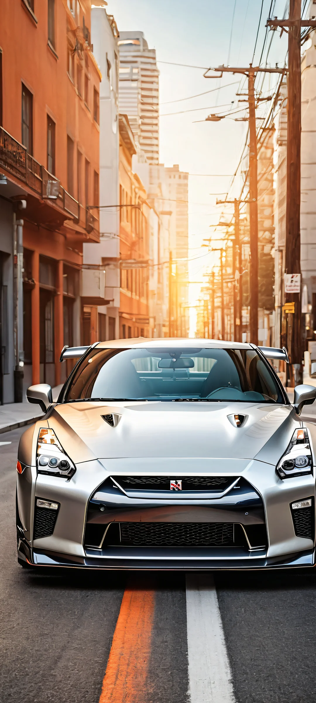 Sleek GT-R on Sunset Road QHD Phone Background Breathtaking vertical portrait artwork of a Nissan GT-R placed in the lower-middle with insane micro-details, perfectly clean and empty top half with vast pure void. The bottom half features a scenic road with subtle texture and depth, showcasing the vehicle on iPhone/Android devices.