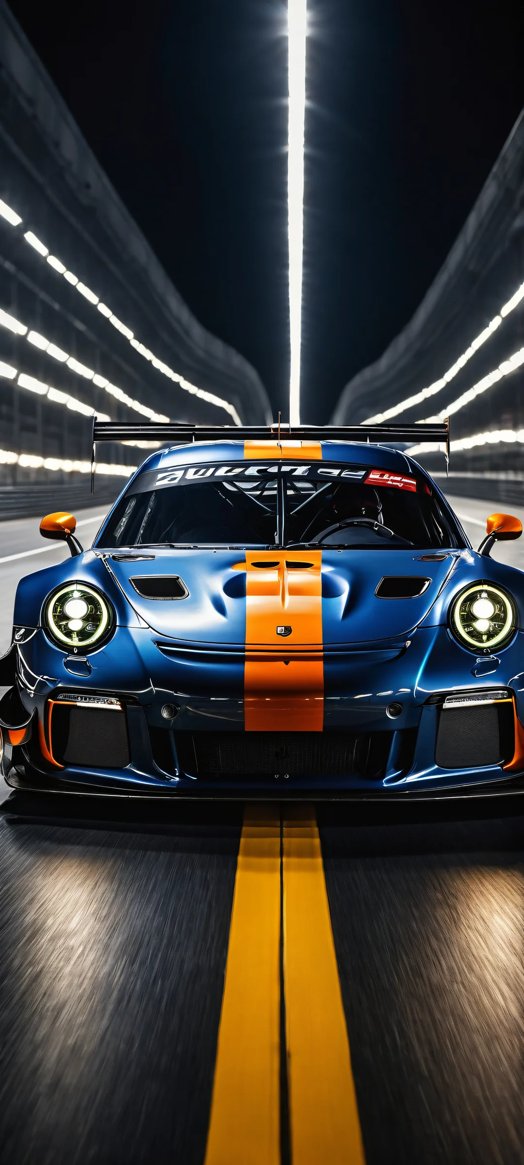 A stunning portrait artwork of a GT3 racing car placed in the lower-middle against the darkened Monza Circuit backdrop at night, iPhone と Android のホーム画面に完全に最適化.
