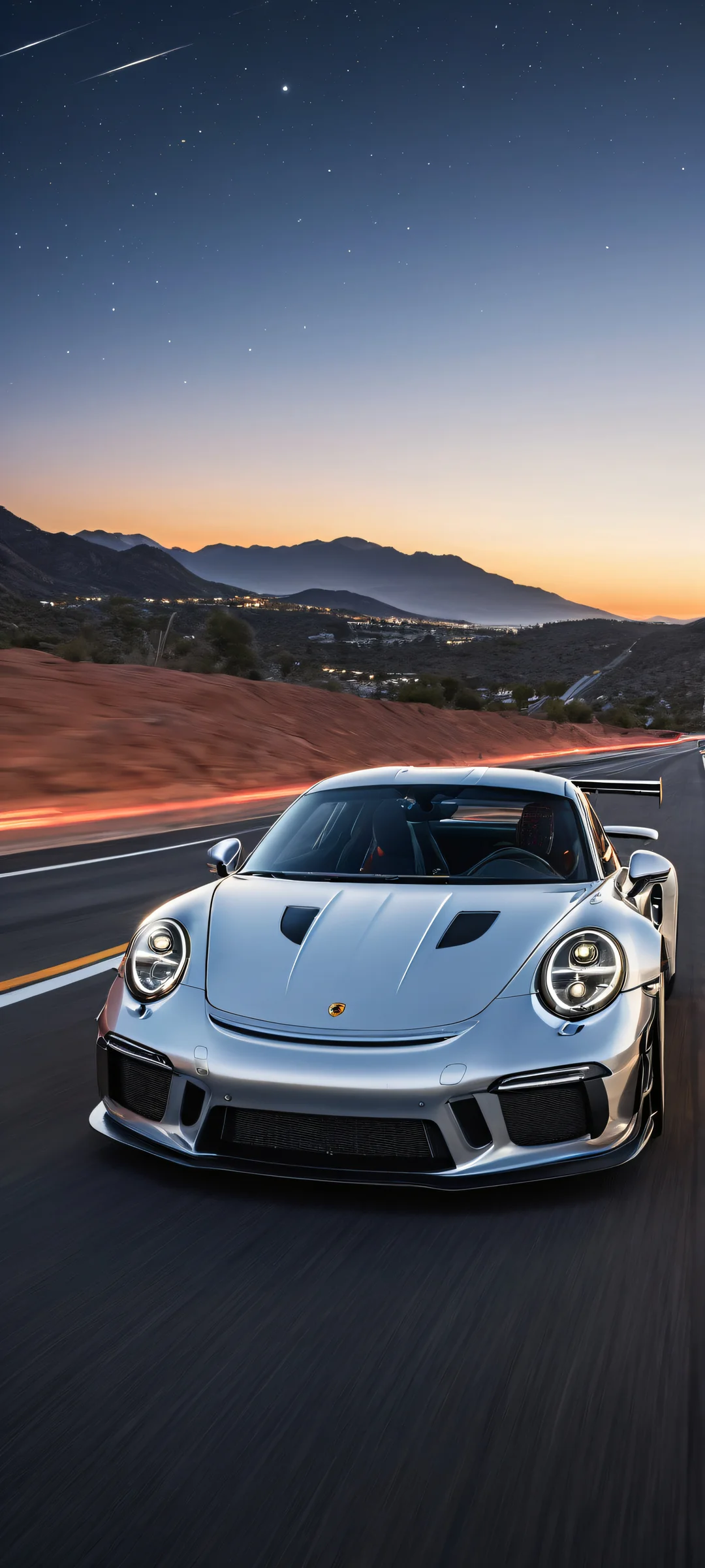 A stunning portrait of a GT3 racing car placed in the lower-middle with insane micro-details, iPhone/Android compatible wallpaper featuring a breathtaking night drive scene.