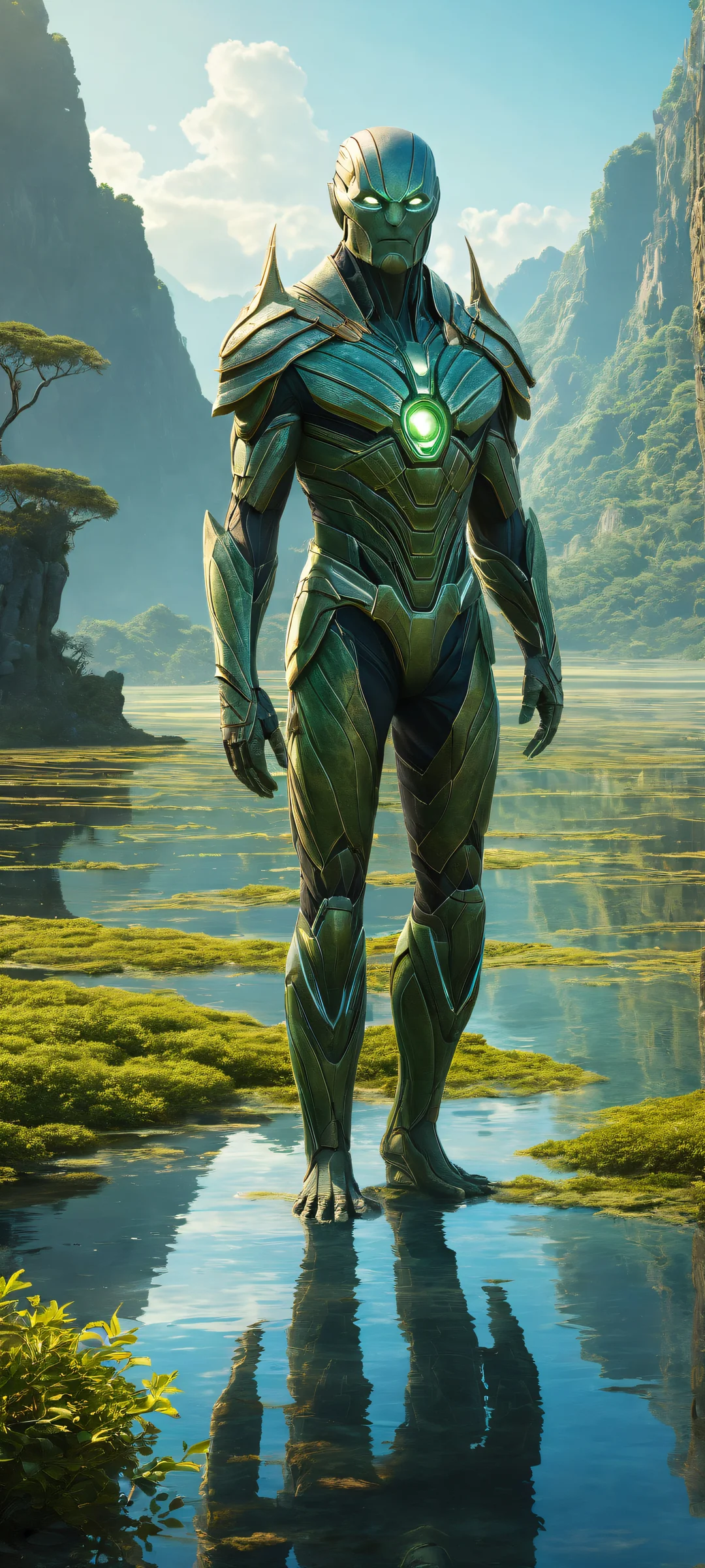 A majestic iPhone/Android compatible digital art featuring a massive stone guardian amidst a serene wetland ecosystem, with intricate details and breathtaking visuals.