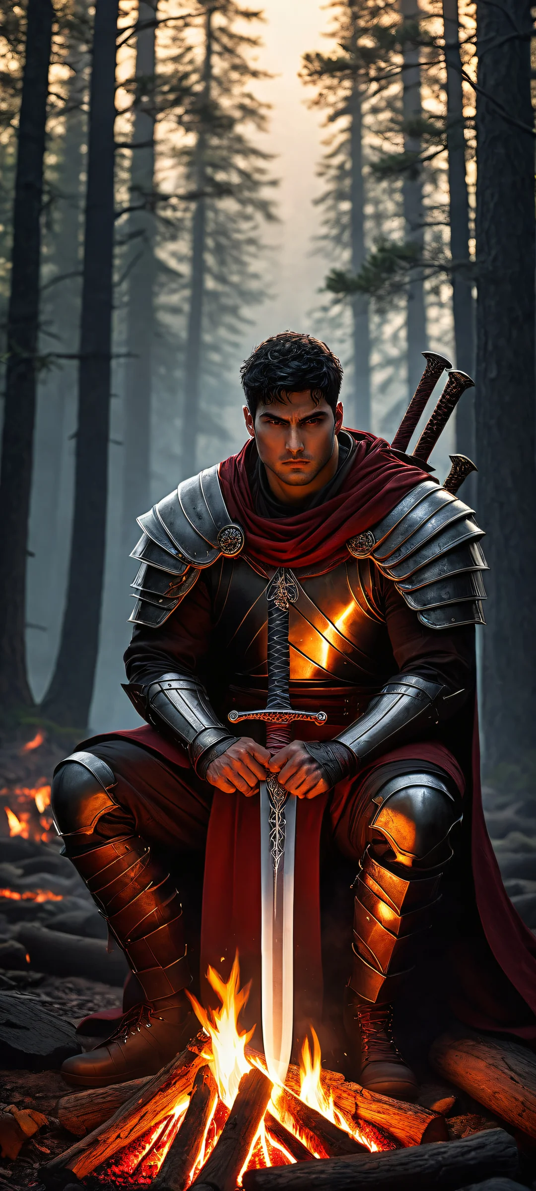 iPhone and Android wallpapers featuring Guts sitting by a campfire, with intricate details and perfect composition for dark mode aesthetics.