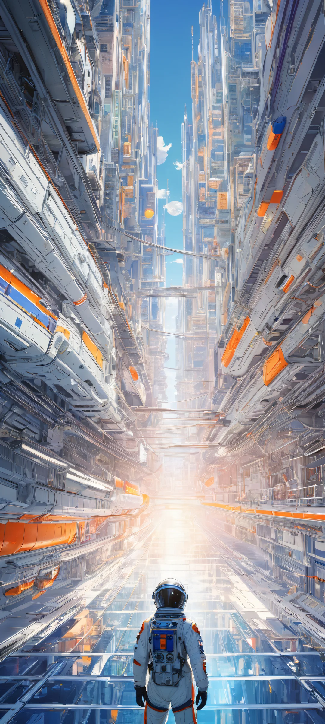 Breathtaking portrait of Hachirouta Hoshino in his anime-inspired space suit, surrounded by a 3D representation of Planetes' futuristic cityscape on iPhone/Android.