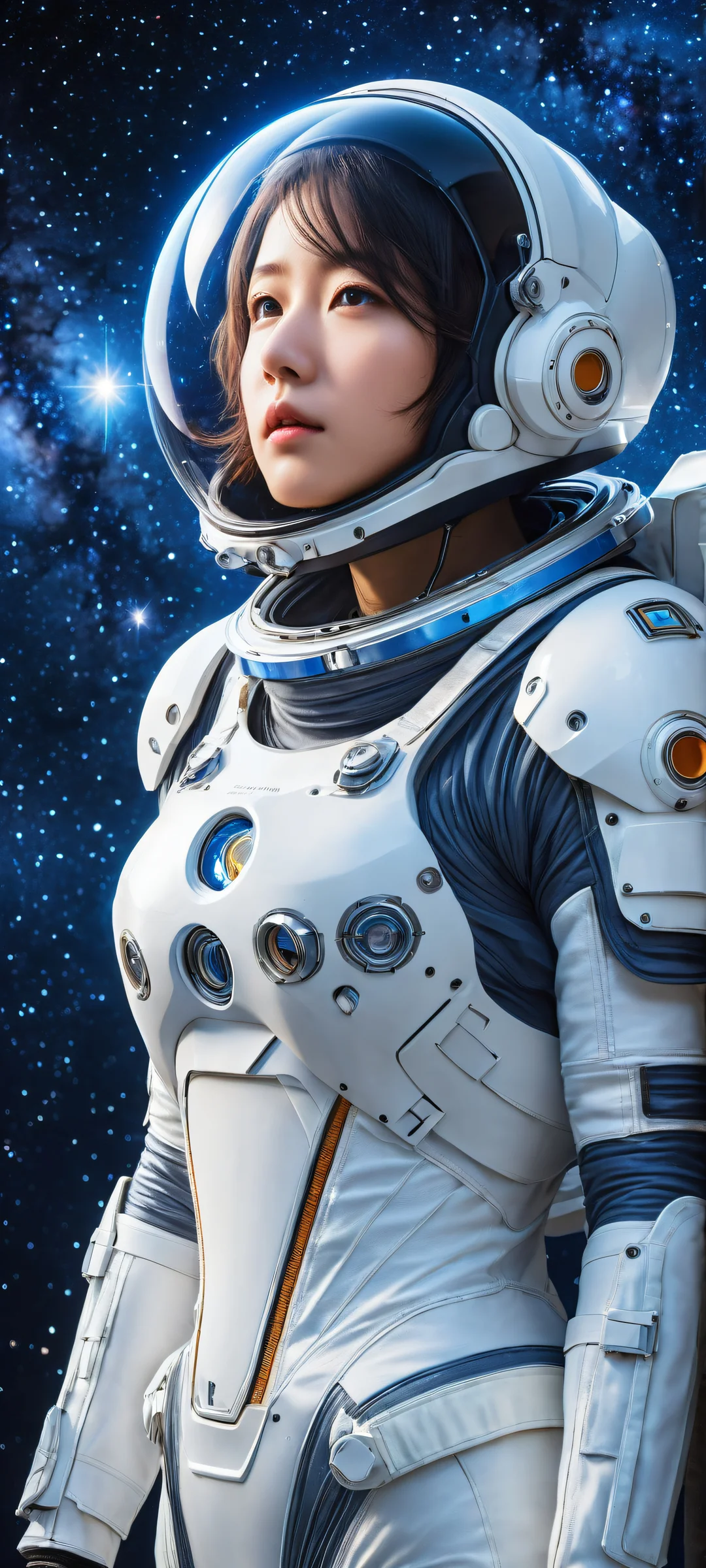 Hoshino's Cosmic Portrait QHD Smartphone Background A stunning iPhone/Android wallpaper featuring Hachirouta Hoshino in an otherworldly space suit, set against a starry night sky.