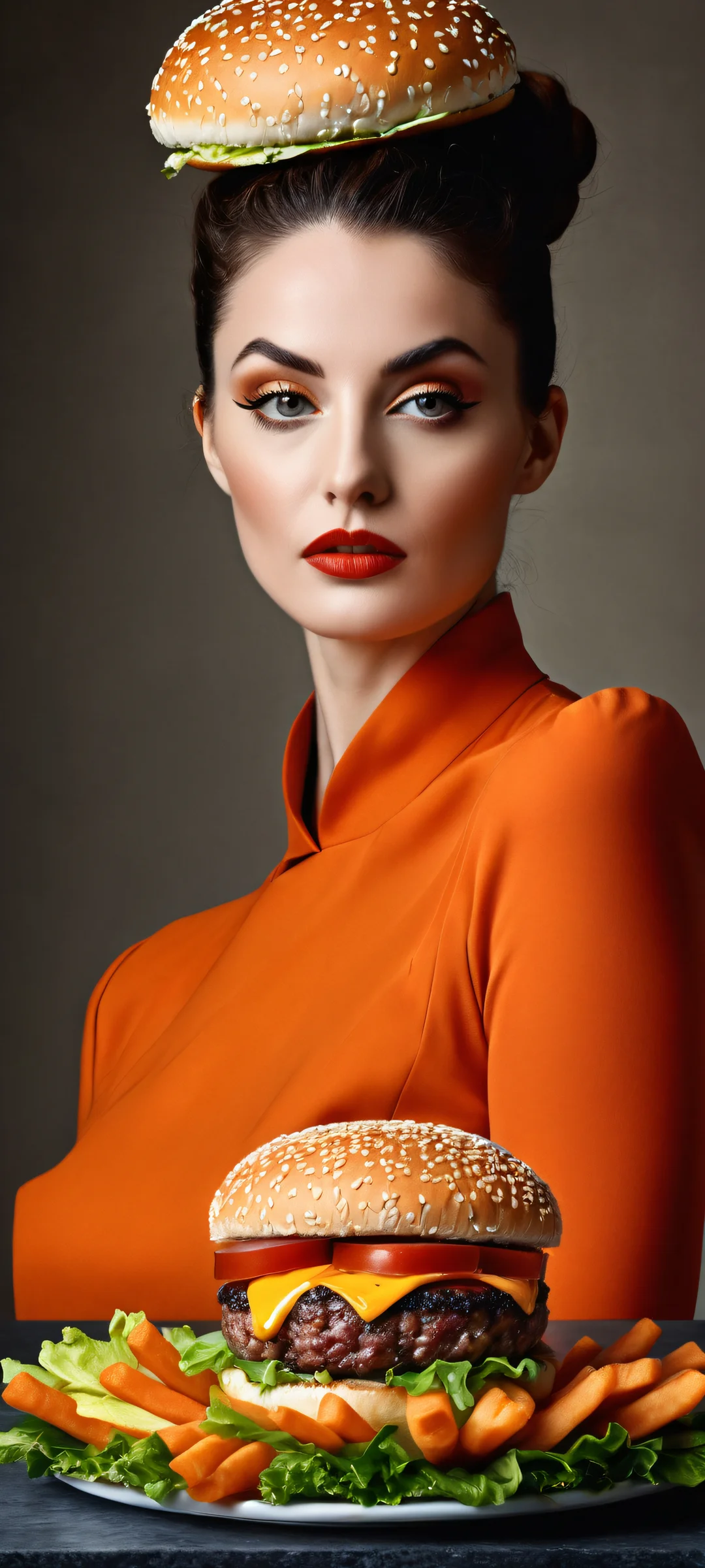 Hamburger Goddess 2K QHD Mobile Wallpaper A stunning portrait of a hamburger woman on iPhone/Android, featuring intricate details and textures. Perfect for your mobile home screen.