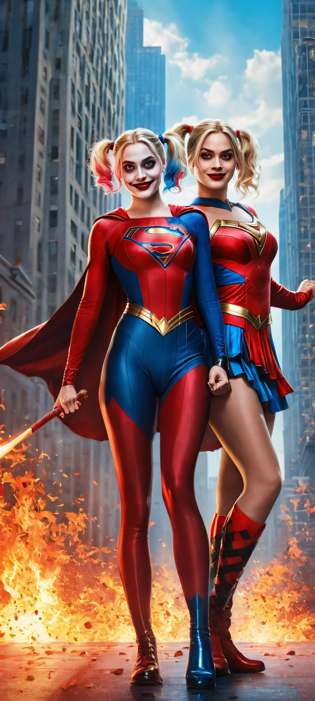 Breathtaking vertical portrait artwork of Harley Quinn and Supergirl on iPhone/Android