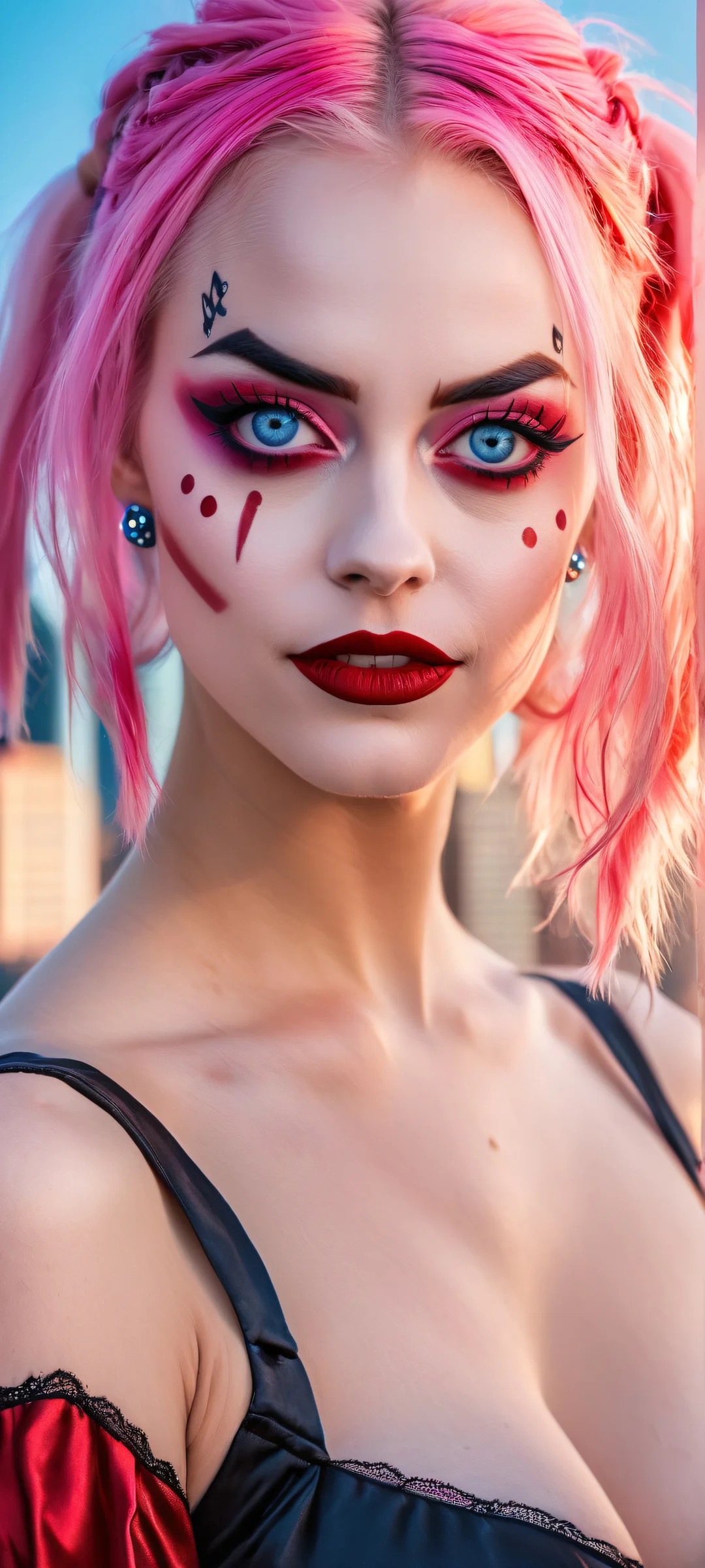 Beautiful digital art of Harley Quinn with her mallet and a dynamic cityscape at sunset, parfaitement optimisé pour les écrans d'accueil iPhone et Android.