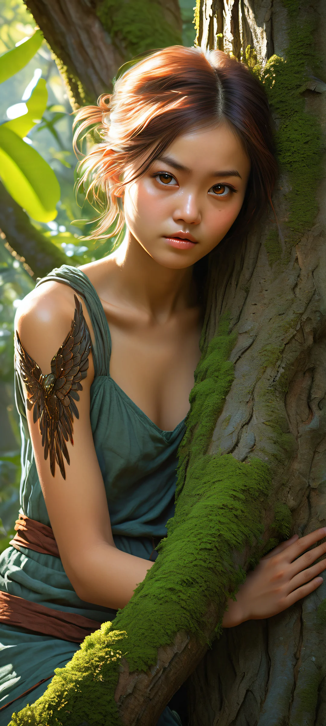 A harpy girl sits on a tree branch, hugging the trunk with a nervous expression. iPhone/Android users can set this breathtaking artwork as their home screen wallpaper.