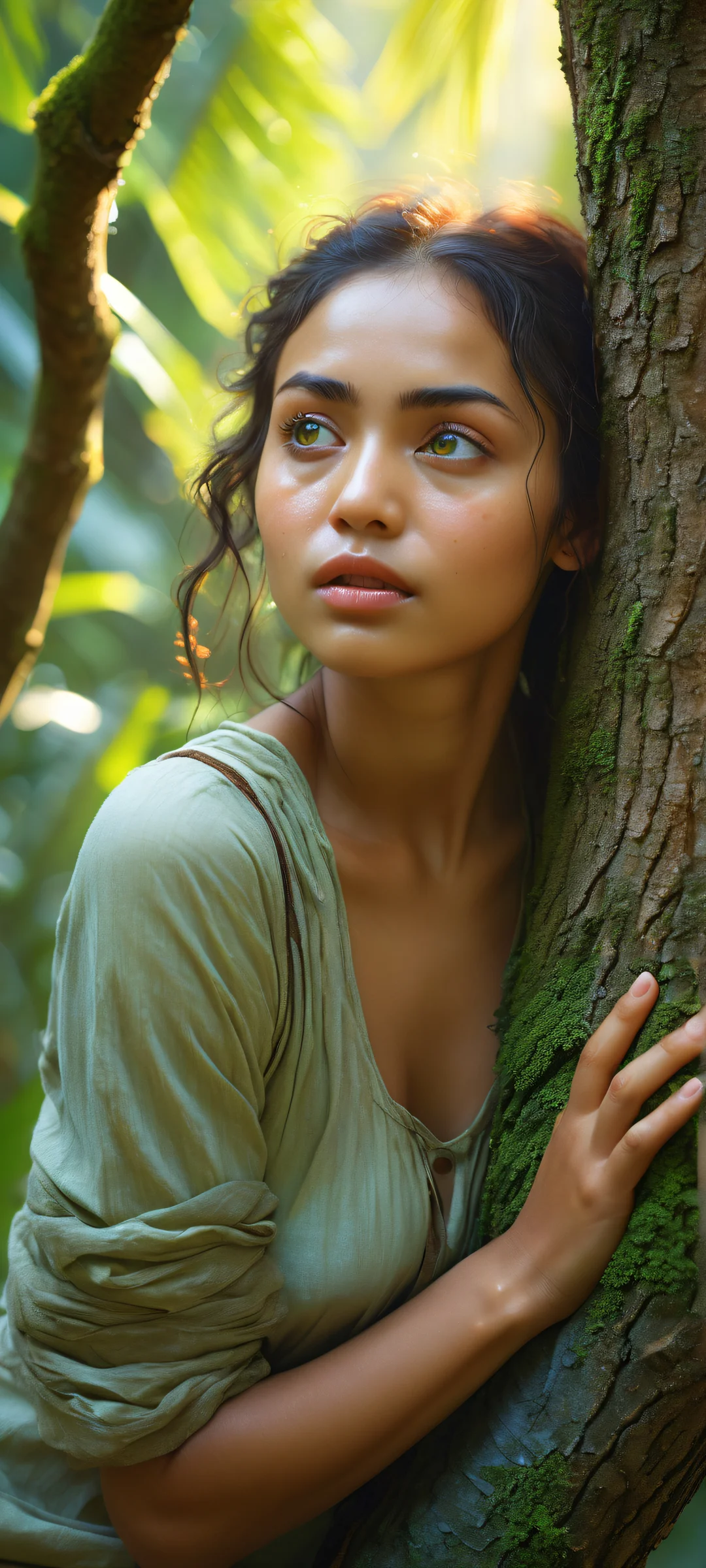 A stunning portrait of a harpy girl sitting on a tree branch, hugging the trunk with a nervous expression. Perfectly optimized for iPhone and Android home screens.