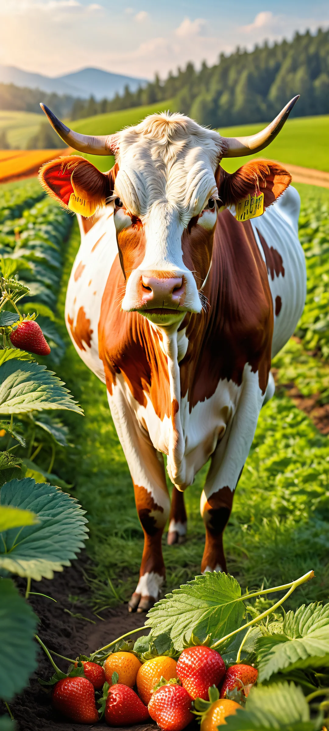 Harvest Delight Lock Screen for iOS & Android A cow-sized strawberry, orange, and blueberry trio on a farm landscape for iPhone/Android wallpapers.
