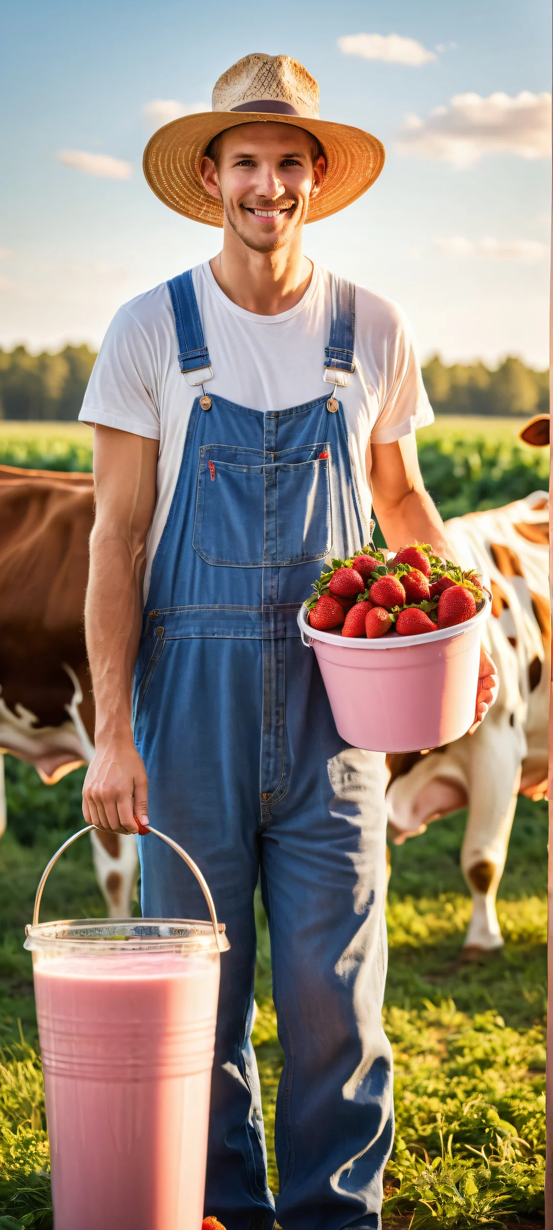 A serene farm scene featuring a cow-sized strawberry, blueberry, and orange trio getting milked by a farmer in overalls and straw hat. Perfectly optimized for iPhone, Samsung Galaxy, and Android home screens.