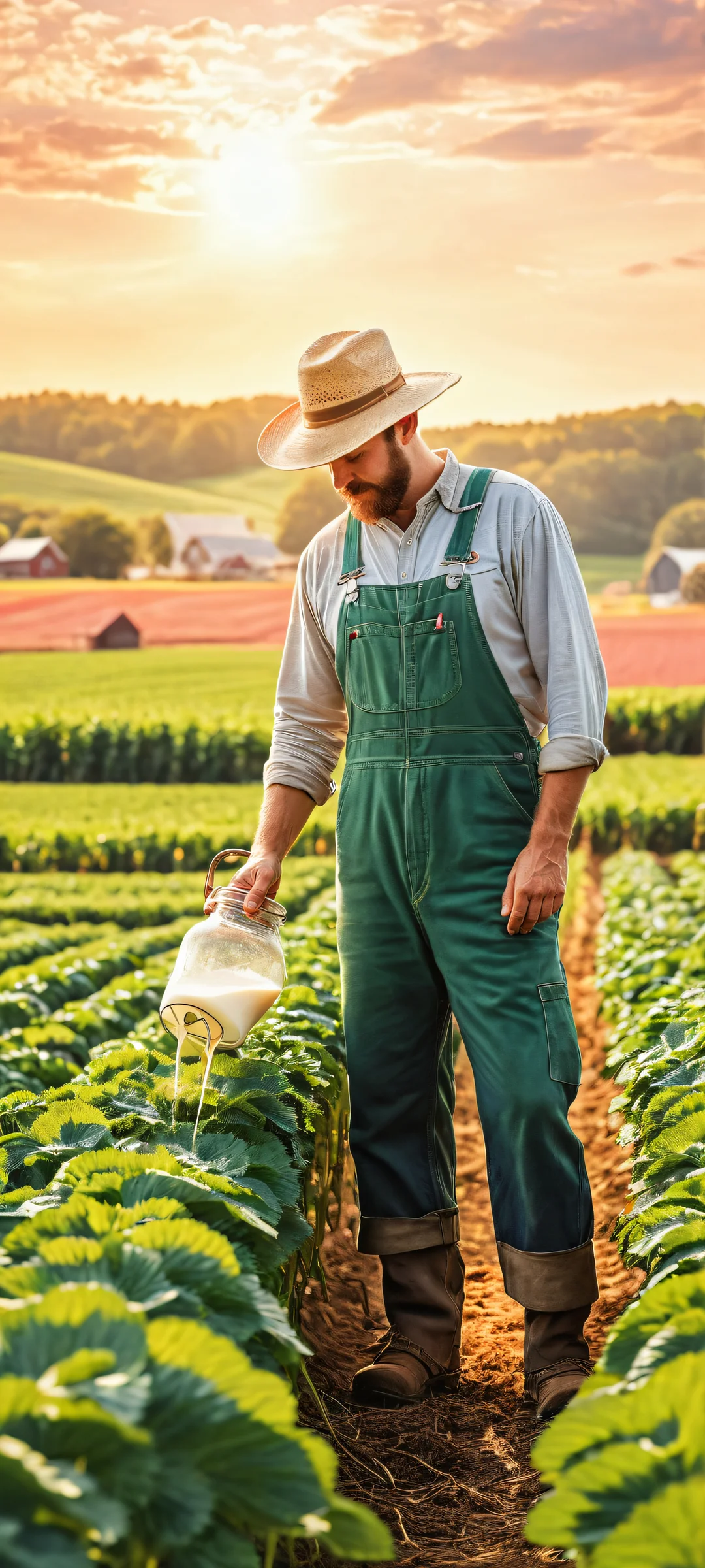 A serene farm scene with a farmer milking strawberries, blueberries, and oranges on a sunny day, suitable for iPhone/Android home screens.