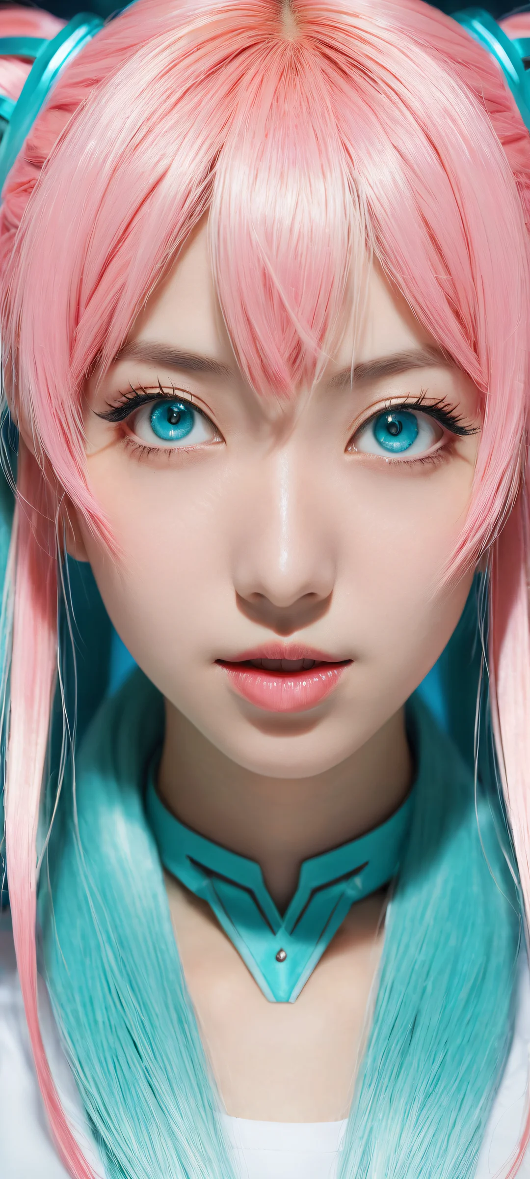 Hatsune Miku portrait wallpaper for iPhone/Android, featuring 8k resolution and ray-traced reflections