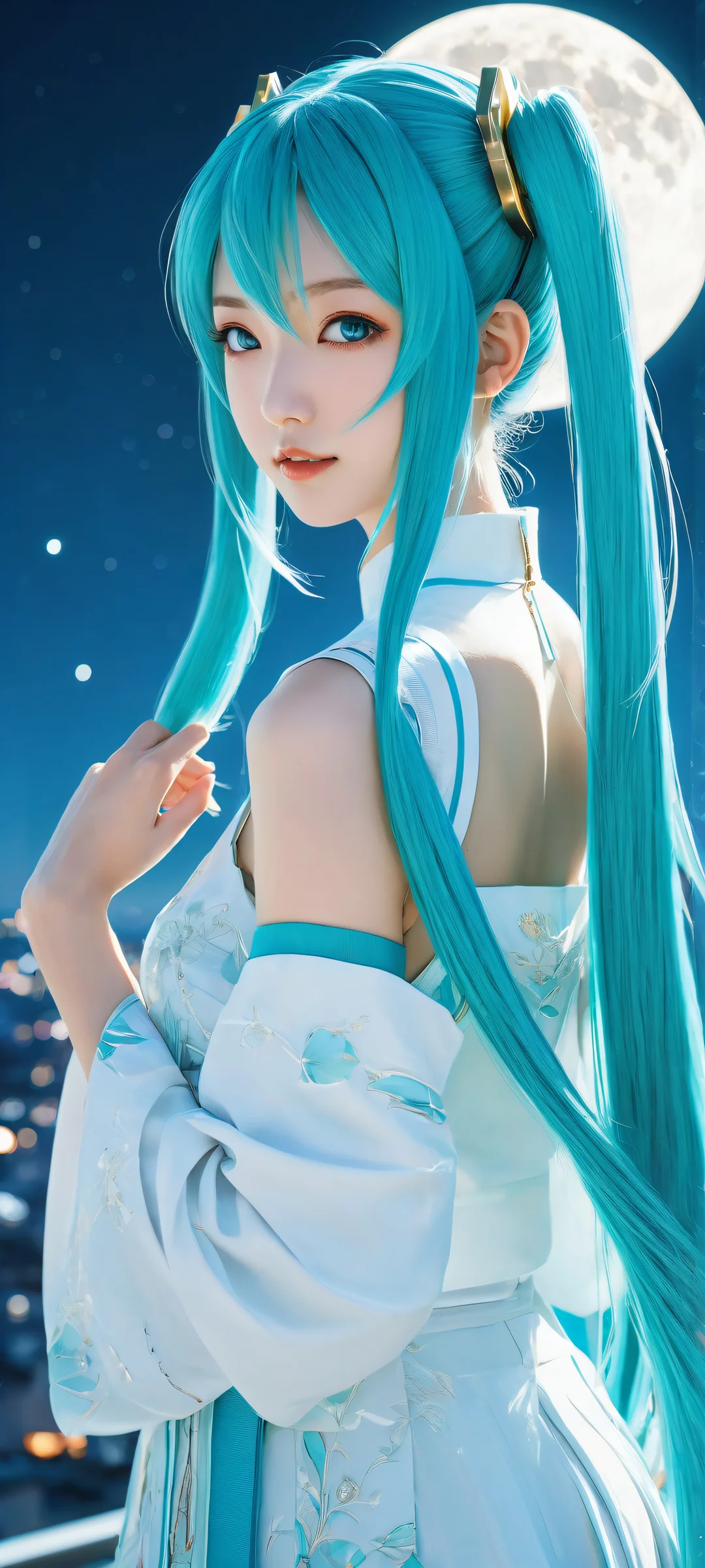 Beautiful portrait of Hatsune Miku on a moonlit night, perfect for iPhone and Android home screens.