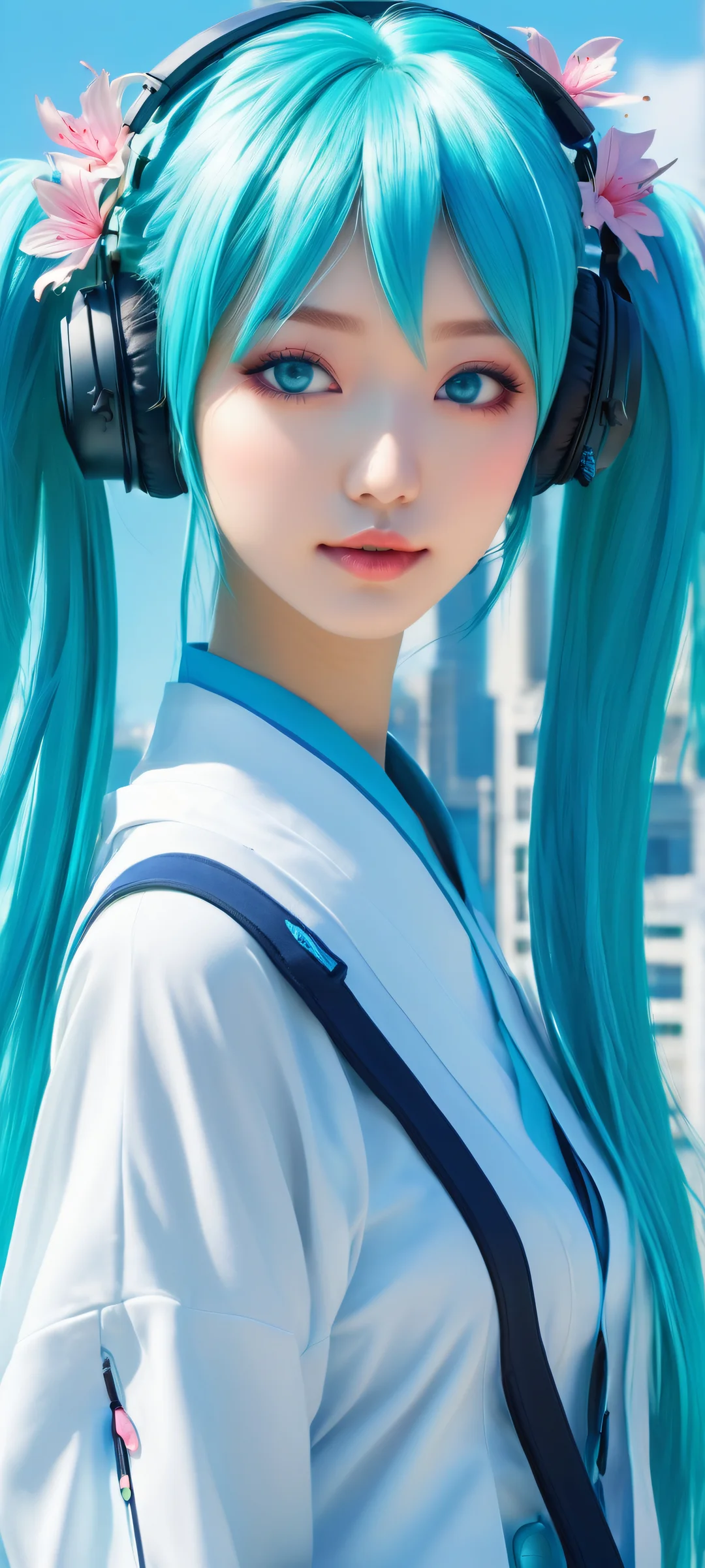 iPhone/Android wallpaper featuring Hatsune Miku in stunning 8k resolution, with intricate details and ray-traced reflections.