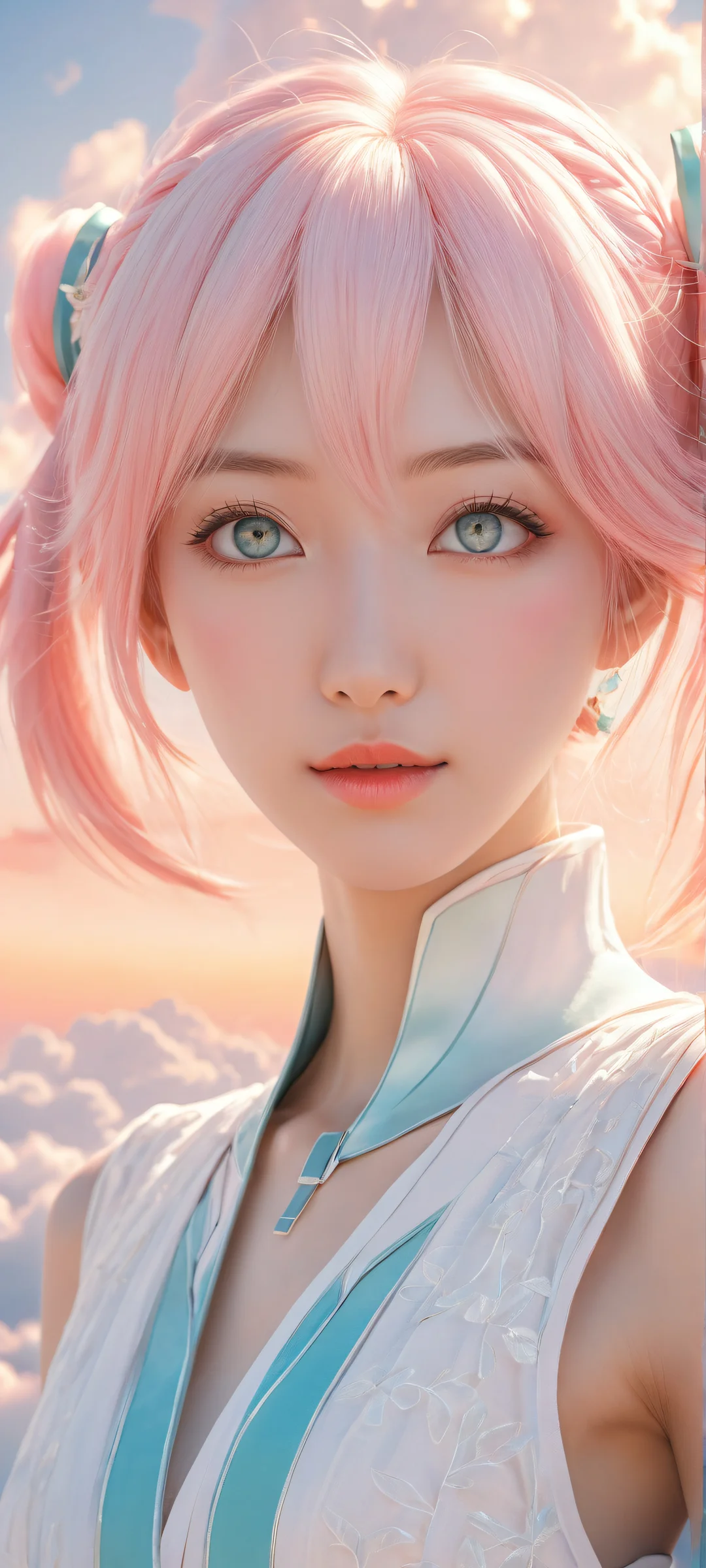 Beautiful portrait of Hatsune Miku on iPhone/Android, with intricate details and serene sky. Perfect for your mobile home screen.