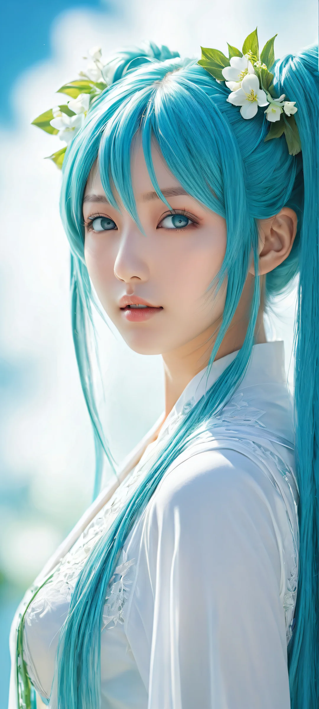 Hatsune Miku portrait on a serene void background for iPhone/Android home screens.