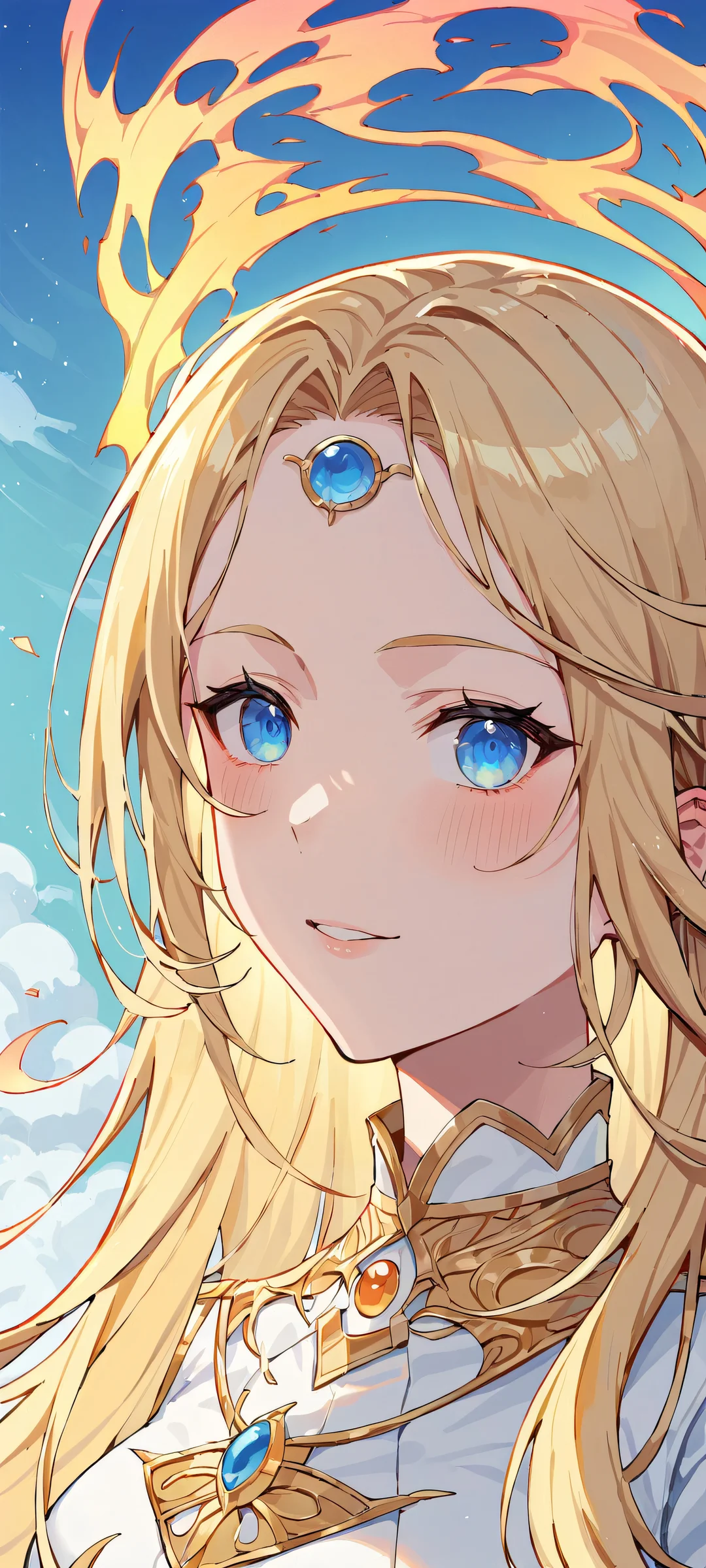 Anime girl with blonde hair and blue eyes against a vibrant blue and golden background, iPhone/Androidのホーム画面に完全に最適化.
