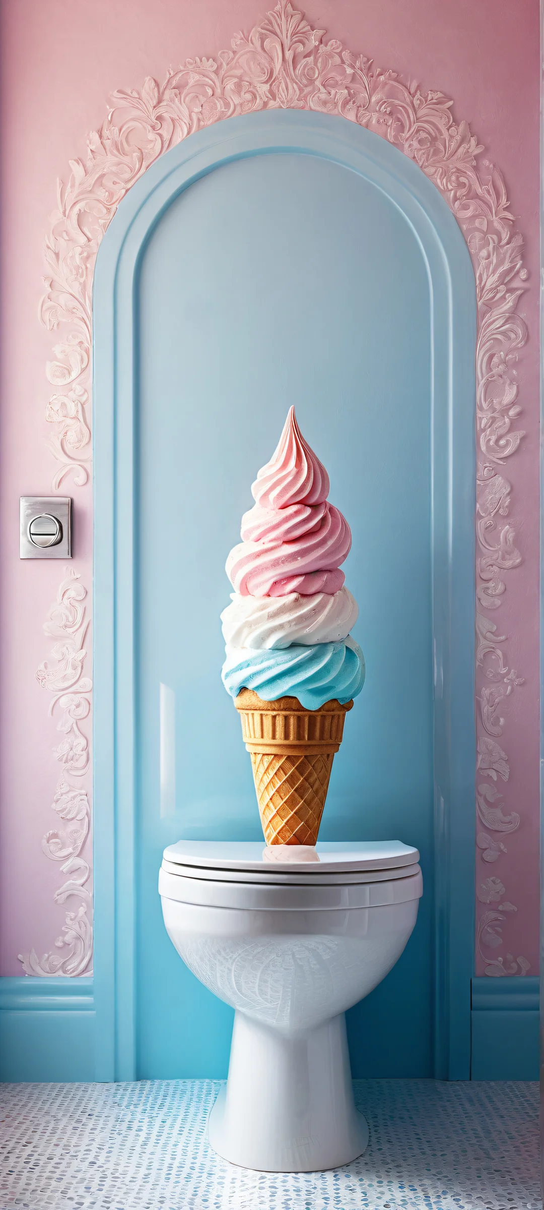 A divine portrait of God in a cookie robe on an iPhone/Android toilet in a vibrant ice-cream store, with ethereal lighting and brilliant colors.