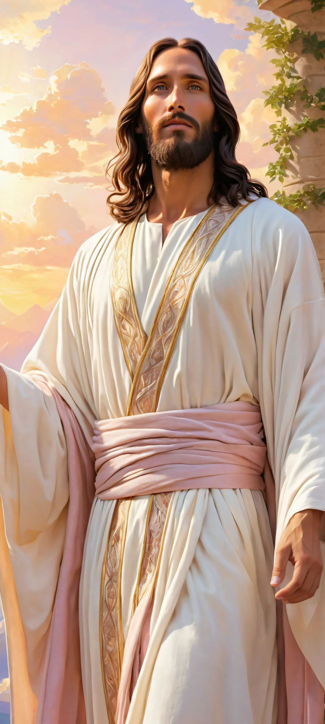 Jesus holds the Doro Classic against a serene heavenly background, iPhone と Android のホーム画面に完全に最適化.