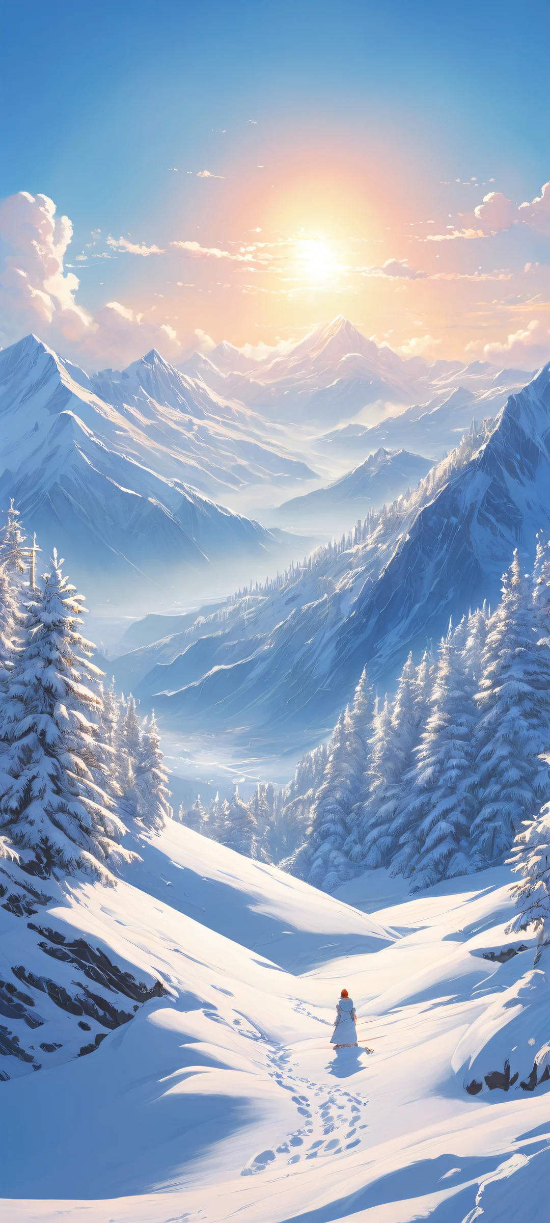 A whimsical digital artwork featuring a breathtaking winter landscape with snow-capped mountains and heavenly lighting, perfekt optimiert für iPhone/Android-Startbildschirme.