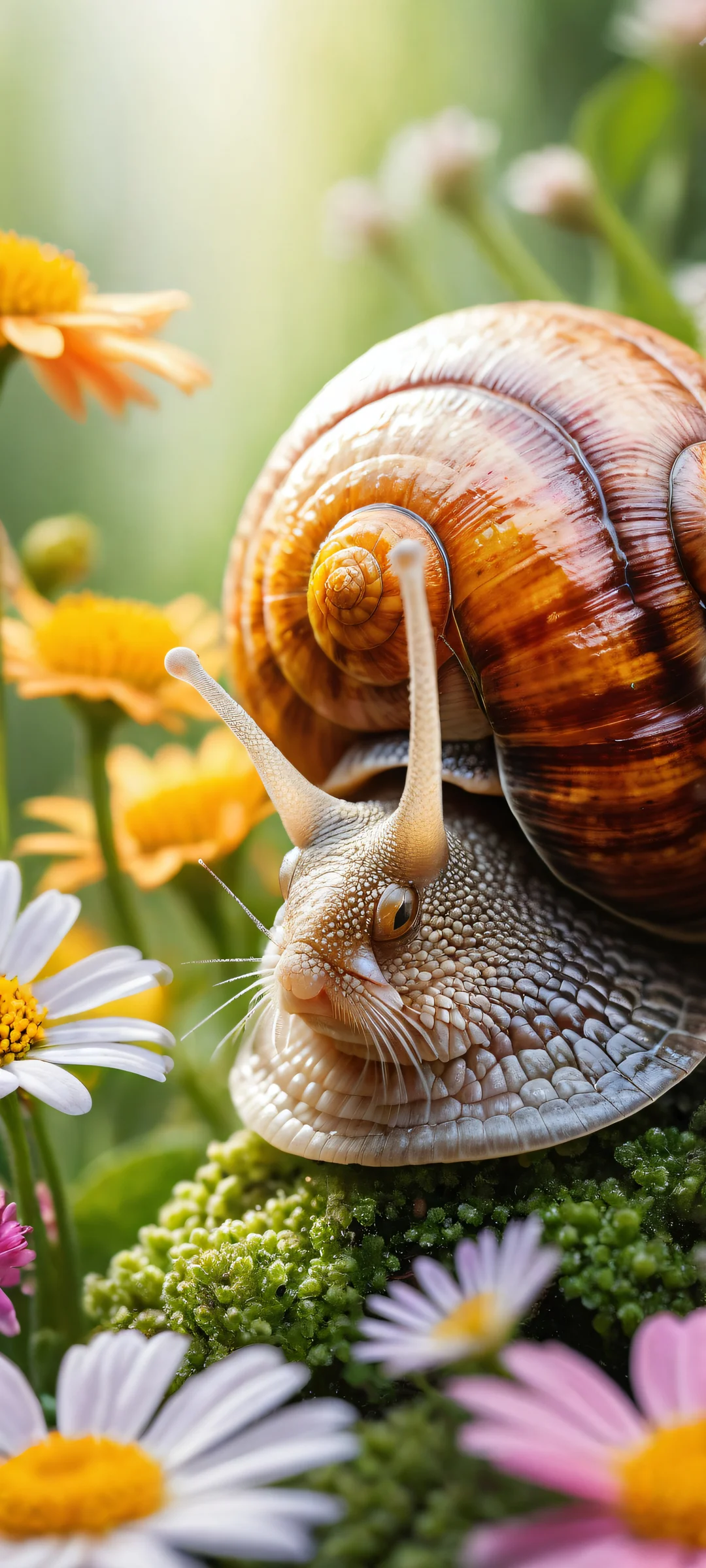 A stunning iPhone/Android wallpaper featuring Helga the snail surrounded by a whimsical garden, perfect for your mobile home screen.