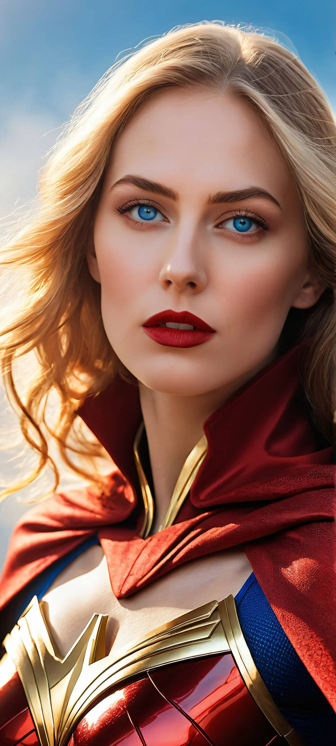 Superheroine with blue eyes and red lips on a clean background suitable for iPhone or Android home screens.