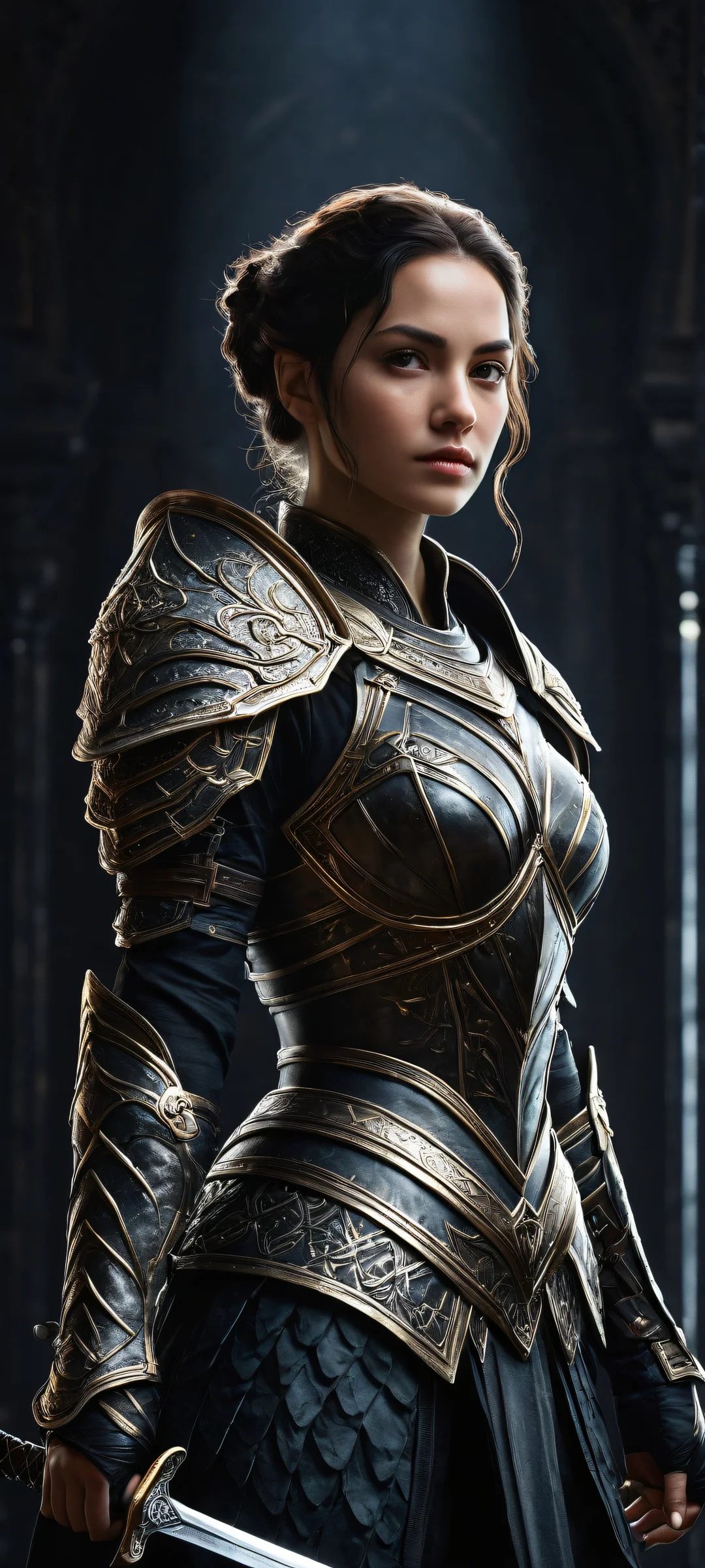 iPhone/Android wallpaper featuring a heroic video game girl standing in a vast pure void, perfekt optimiert für Home-Bildschirme.