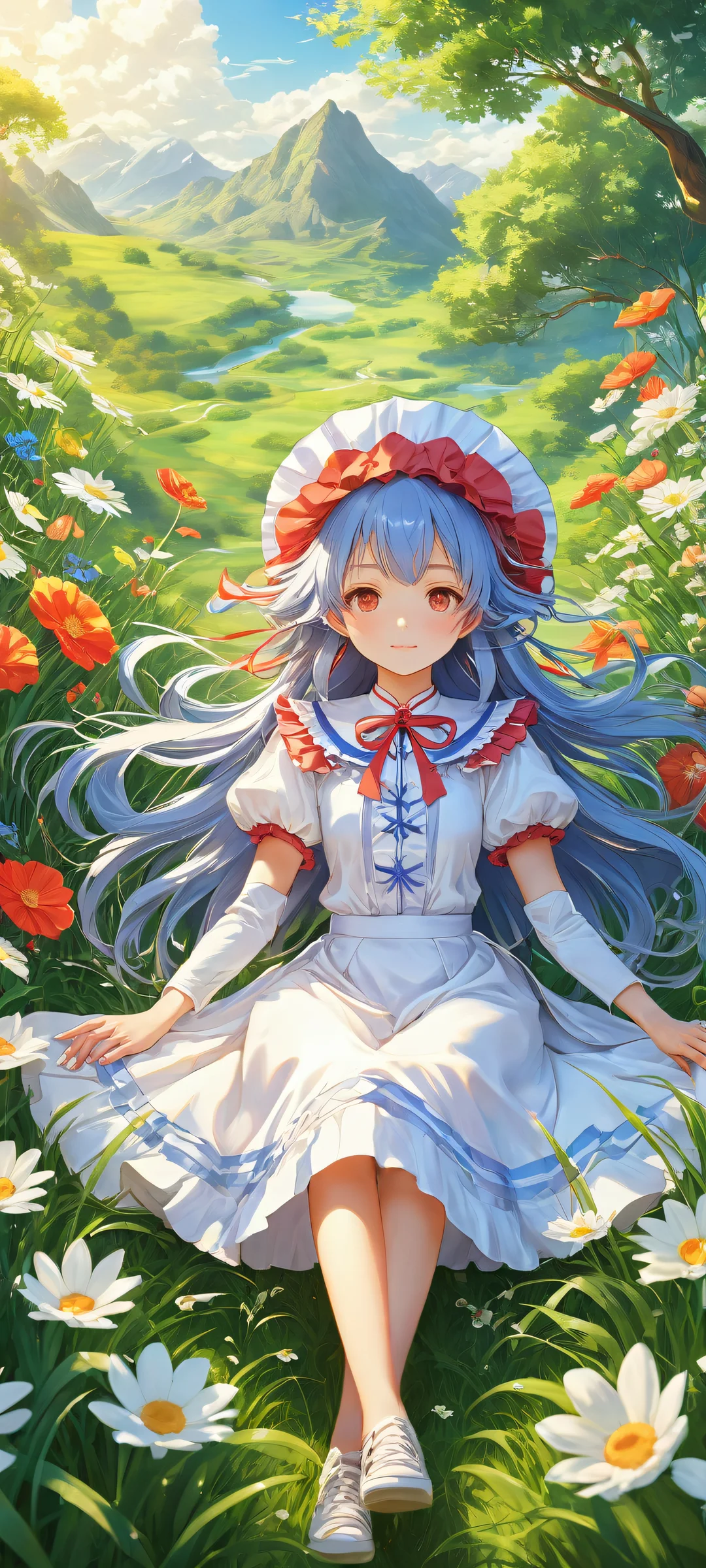 A serene Hinanawi Tenshi surrounded by Touhou-inspired flowers and fumo plushies against a tranquil outdoors setting, iPhone に完全に最適化, サムスンギャラクシー, と Android のホーム画面.