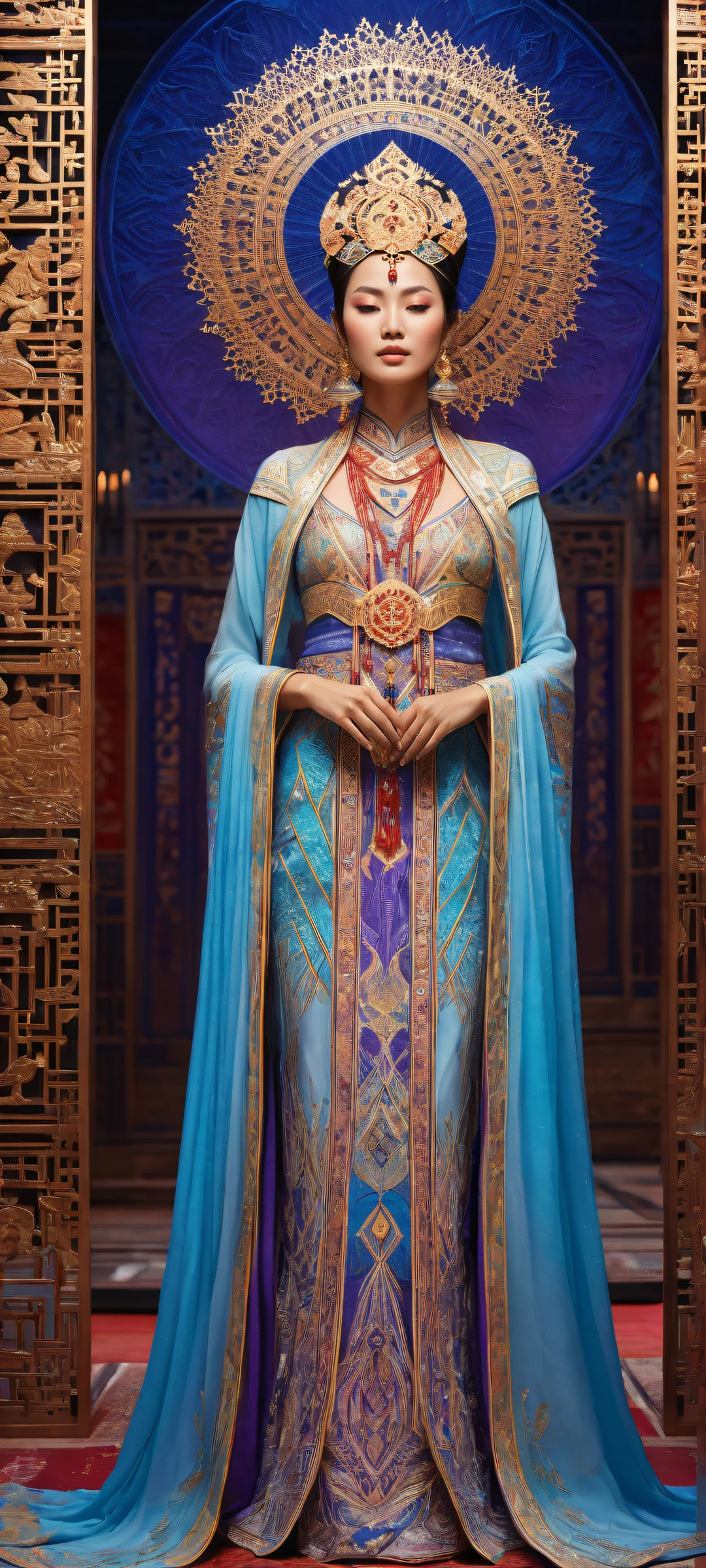 Ethereal Priestess iPhone & サムスン QHD 壁紙広大な純粋な虚空を背景に iPhone/Android compatible wallpaper featuring a holographic priestess in ancient structures and mystical elements, set against a vast pure void.