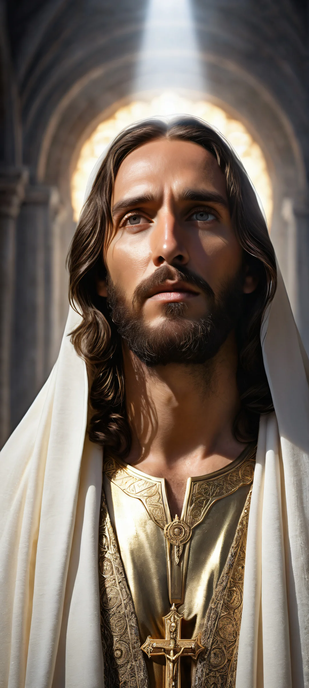 Portrait of Jesus Christ on a black background with intricate details and ray-traced reflections, perfect for iPhone/Android home screens.
