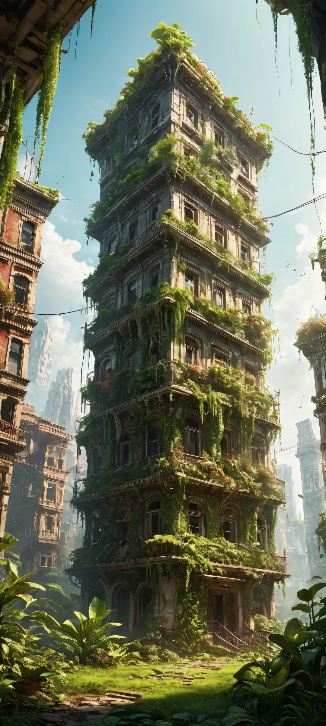 iPhone/Android: A stunning portrait of a carnivorous plant devouring torn clothes and video game zombies, set against a vast pure void and contrasting lush grass and ruined building.