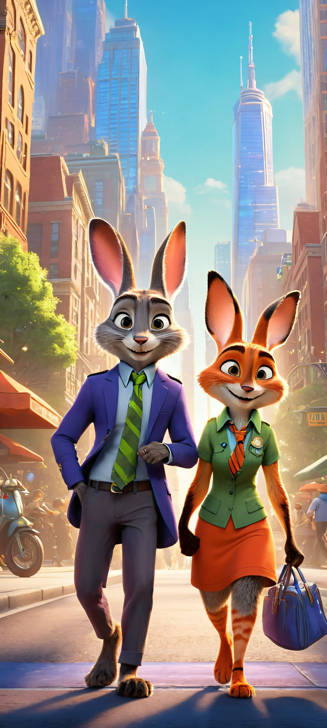 Breathtaking portrait of Judy Hopps and Nick Wilde in Zootopia, featuring intricate details and urban landscape. iPhone/Androidのホーム画面に完全に最適化.