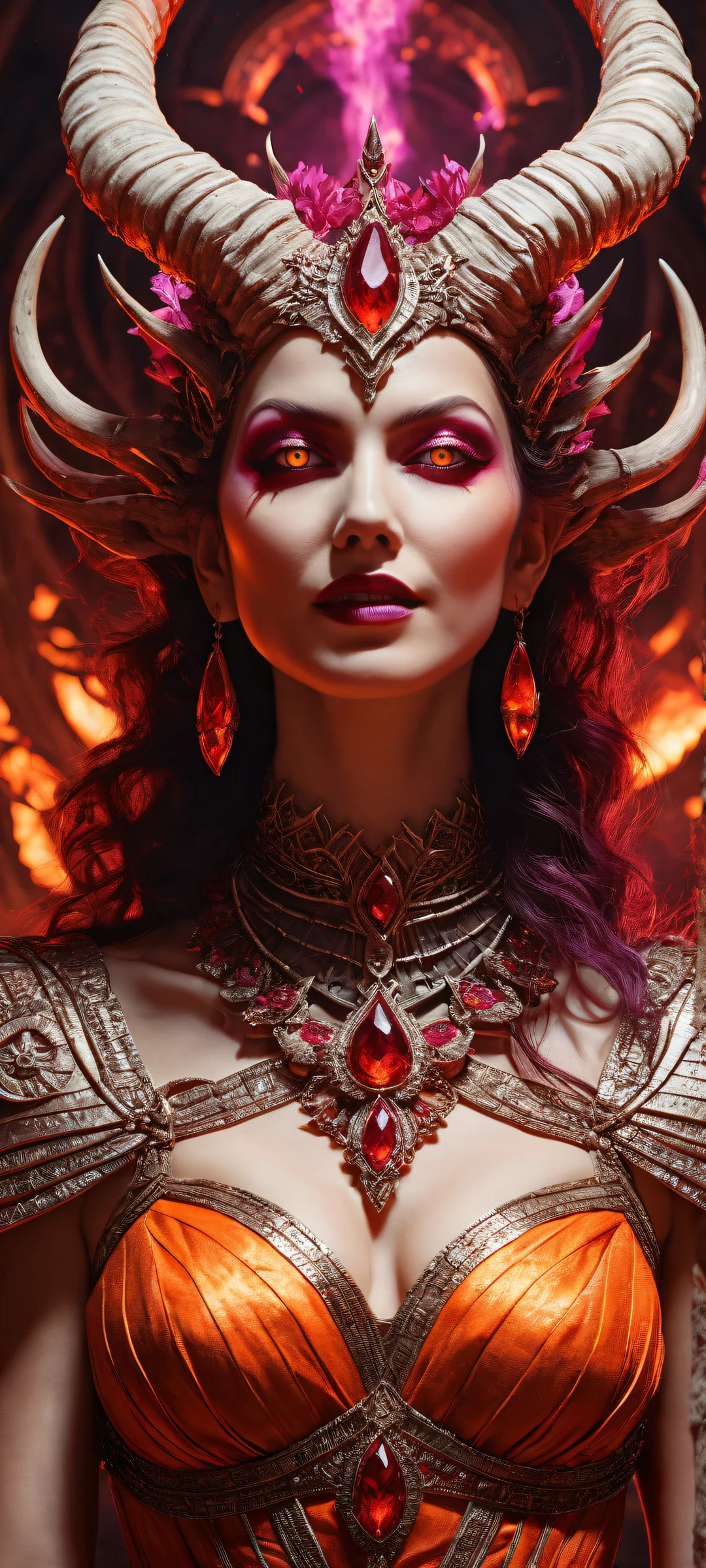 The Horned Queen portrait on a fiery apocalypse background featuring iPhone/Android devices