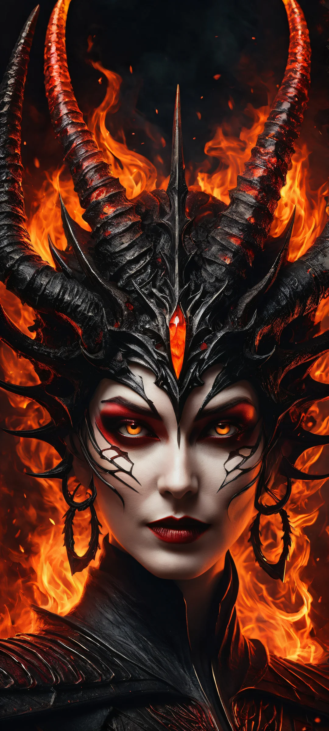 Horned Queen's Apocalypse Aesthetic Phone Wallpaper iPhone and Android-compatible artwork of the Horned Queen amidst chaos, with a burning chasm below and a pure void above. Perfect for dark mode home screens.