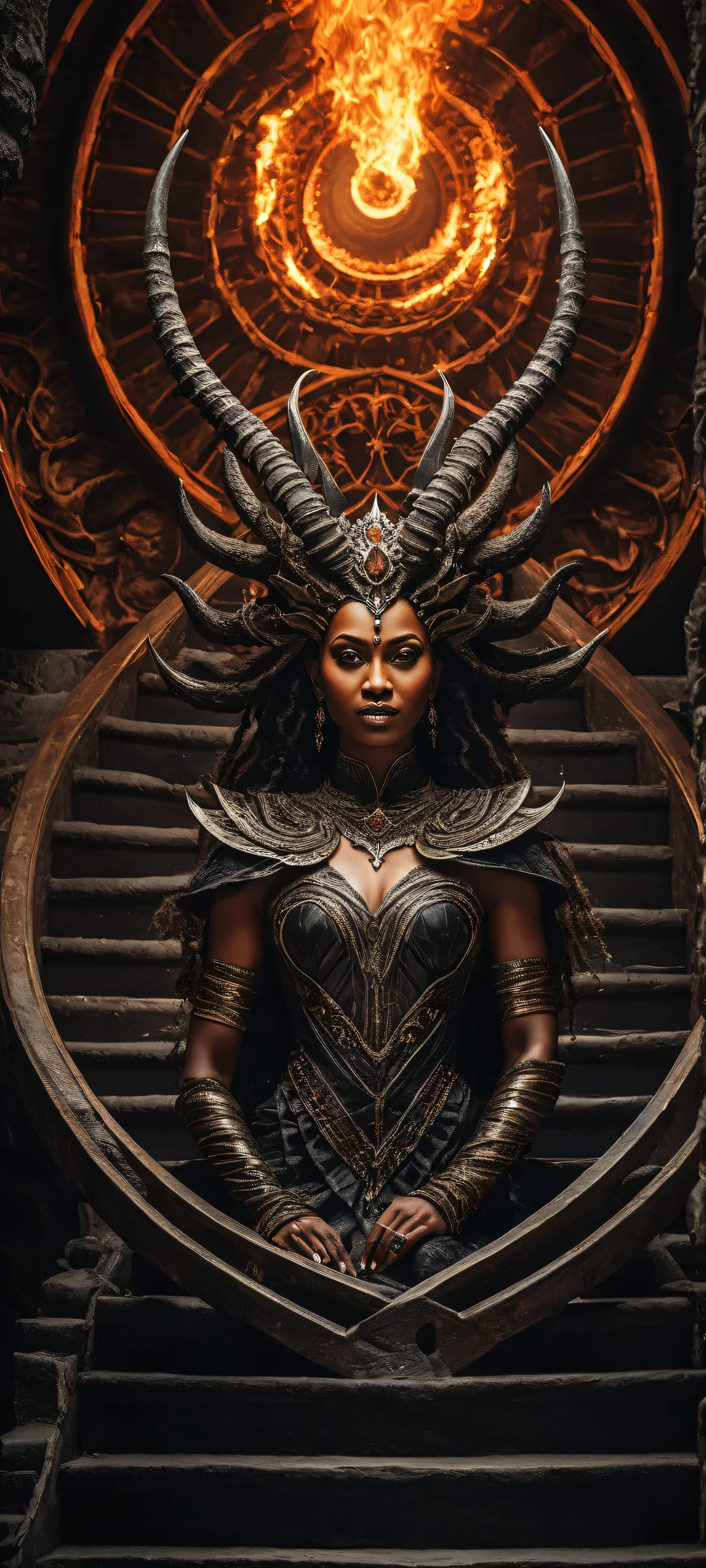 A horned queen amidst a burning chasm, perfect for iPhone and Android home screens.