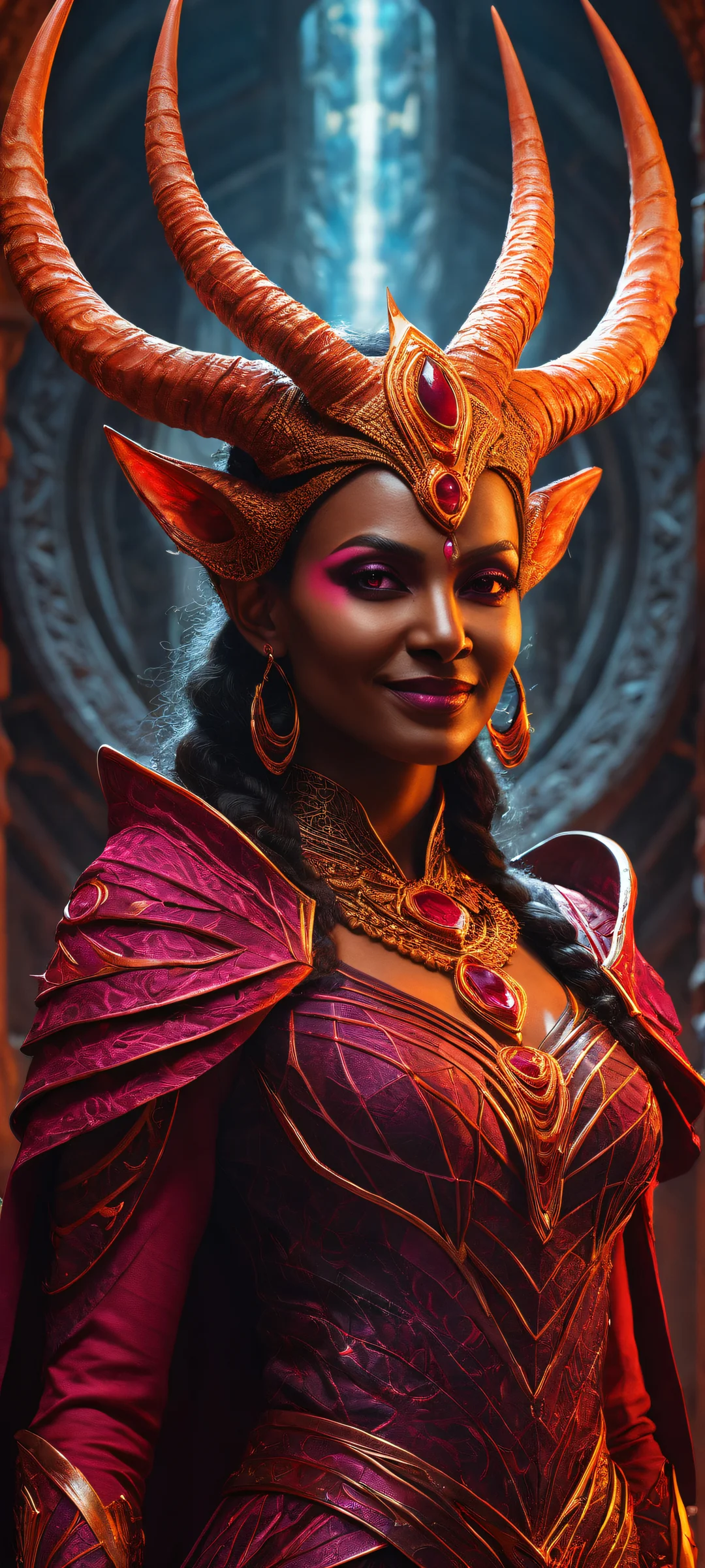 iPhone and Android users will be mesmerized by the Horned Queen's haunting gaze and twisted horns against a backdrop of fiery destruction. Perfectly optimized for home screens.