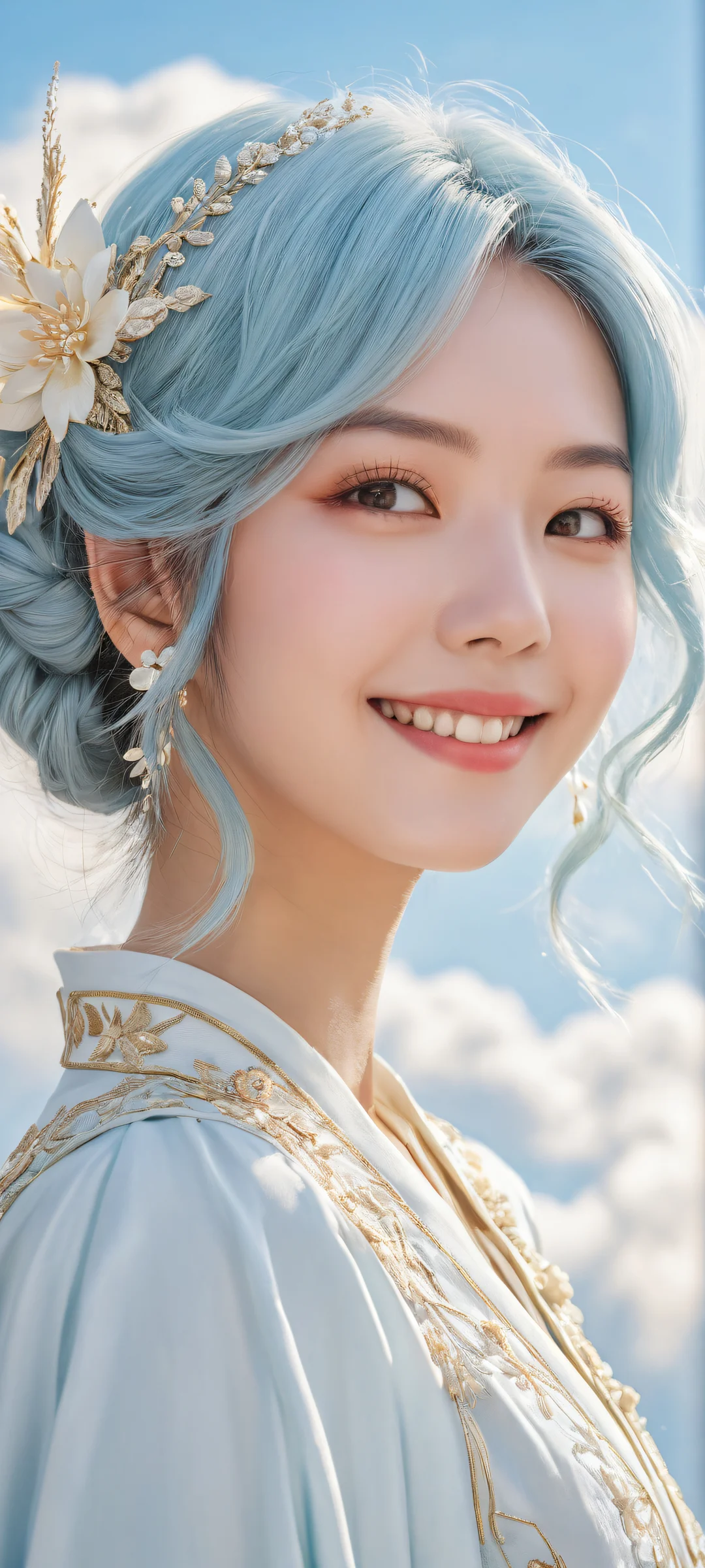A beautiful anime-inspired portrait of Hoshimachi Suisei with intricate details and a serene smile, perfectly optimized for iPhone/Android home screens.