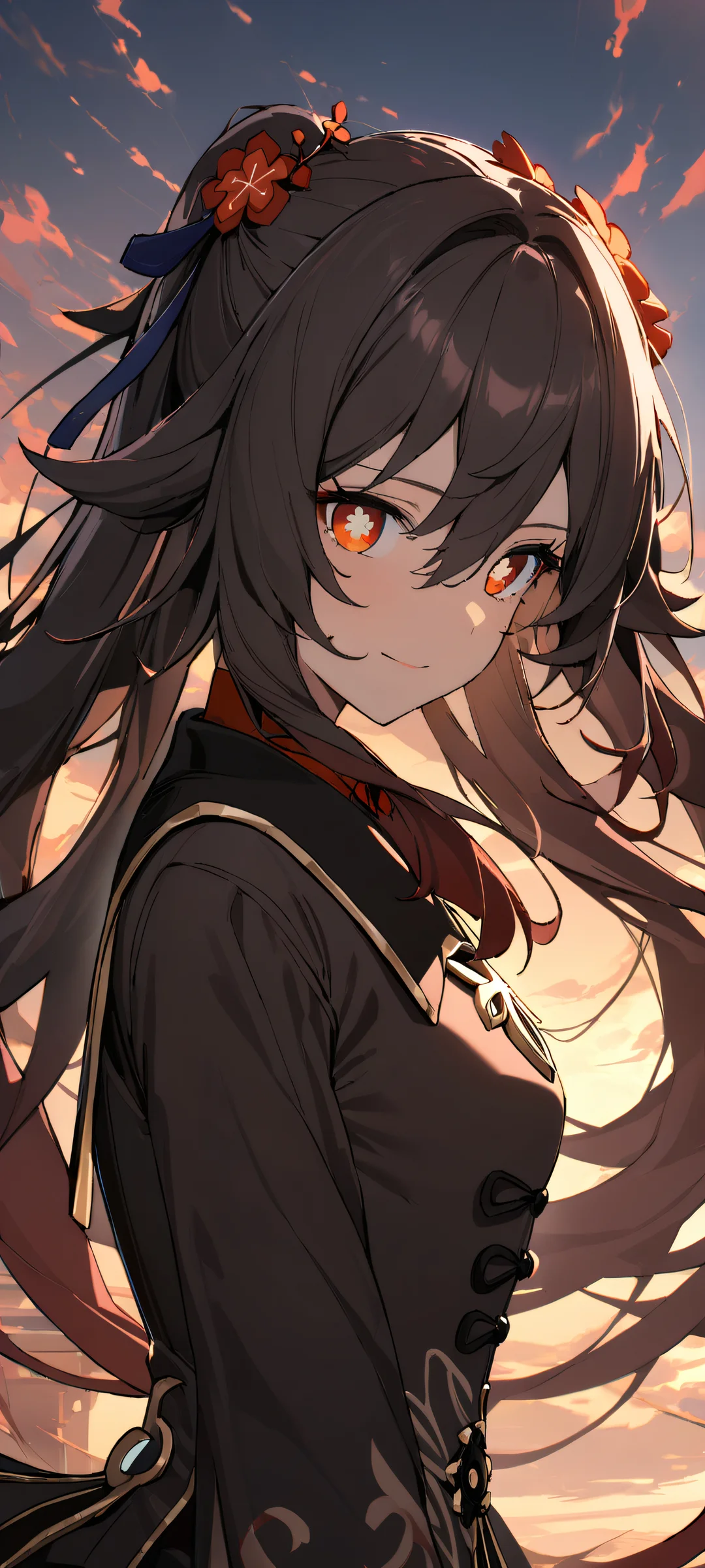 A solo portrait of Hu Tao from Genshin Impact looking at the viewer with a serene expression on an iPhone/Android home screen.