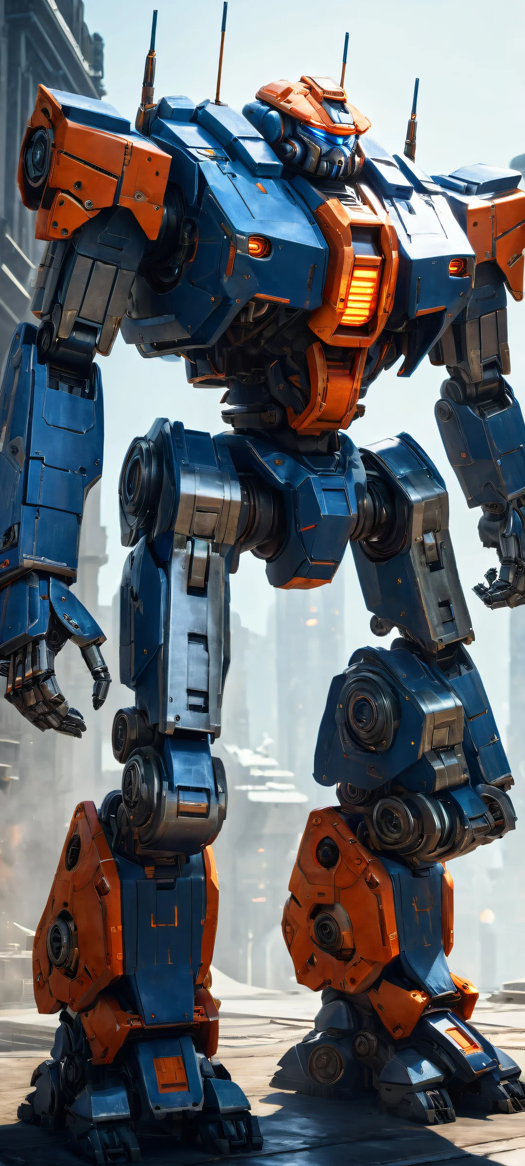 A stunning iPhone and Android wallpaper of a Hunchback Battlemech, perfectly optimized for seamless integration with UI widgets. Radiant colors and ray-traced reflections evoke an otherworldly glow.