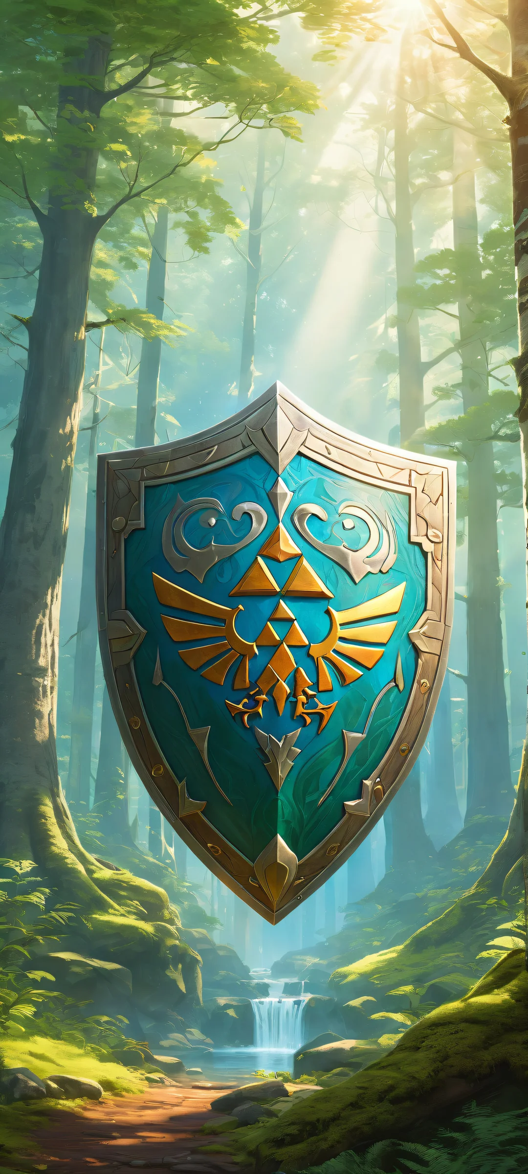 Ethereal Shielded Haven QHD Smartphone Background A heroic Hylian shield stands proudly in a serene misty forest landscape on an iPhone or Android device.